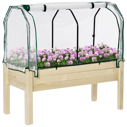 Raised Garden Bed with PE Greenhouse Cover, Outdoor Elevated Wood Planter Box for Herbs and Vegetables, Use for Patio, Garden, Balcony, 121 x 55 x 117cm, Nature Wood Finish
