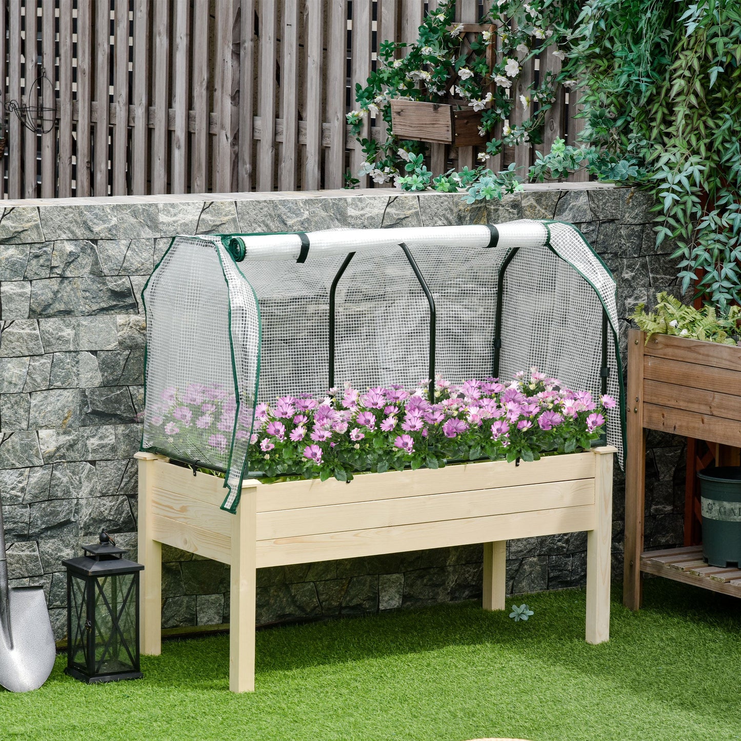 Raised Garden Bed with PE Greenhouse Cover, Outdoor Elevated Wood Planter Box for Herbs and Vegetables, Use for Patio, Garden, Balcony, 121 x 55 x 117cm, Nature Wood Finish