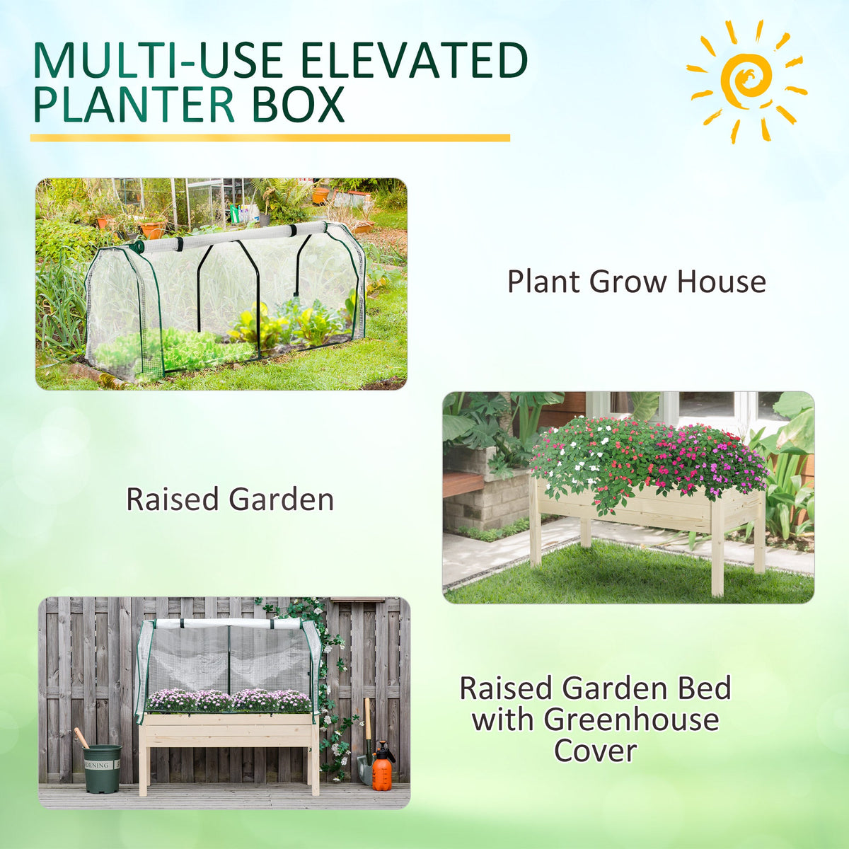 Raised Garden Bed with PE Greenhouse Cover, Outdoor Elevated Wood Planter Box for Herbs and Vegetables, Use for Patio, Garden, Balcony, 121 x 55 x 117cm, Nature Wood Finish