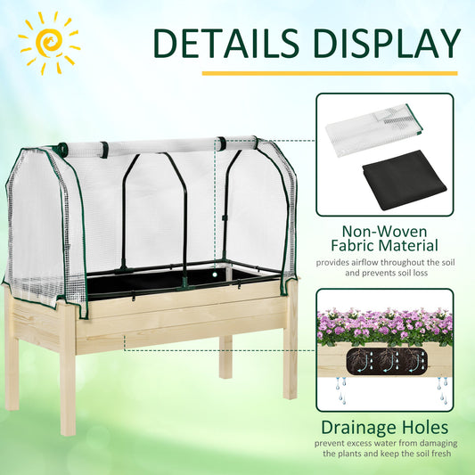 Raised Garden Bed with PE Greenhouse Cover, Outdoor Elevated Wood Planter Box for Herbs and Vegetables, Use for Patio, Garden, Balcony, 121 x 55 x 117cm, Nature Wood Finish