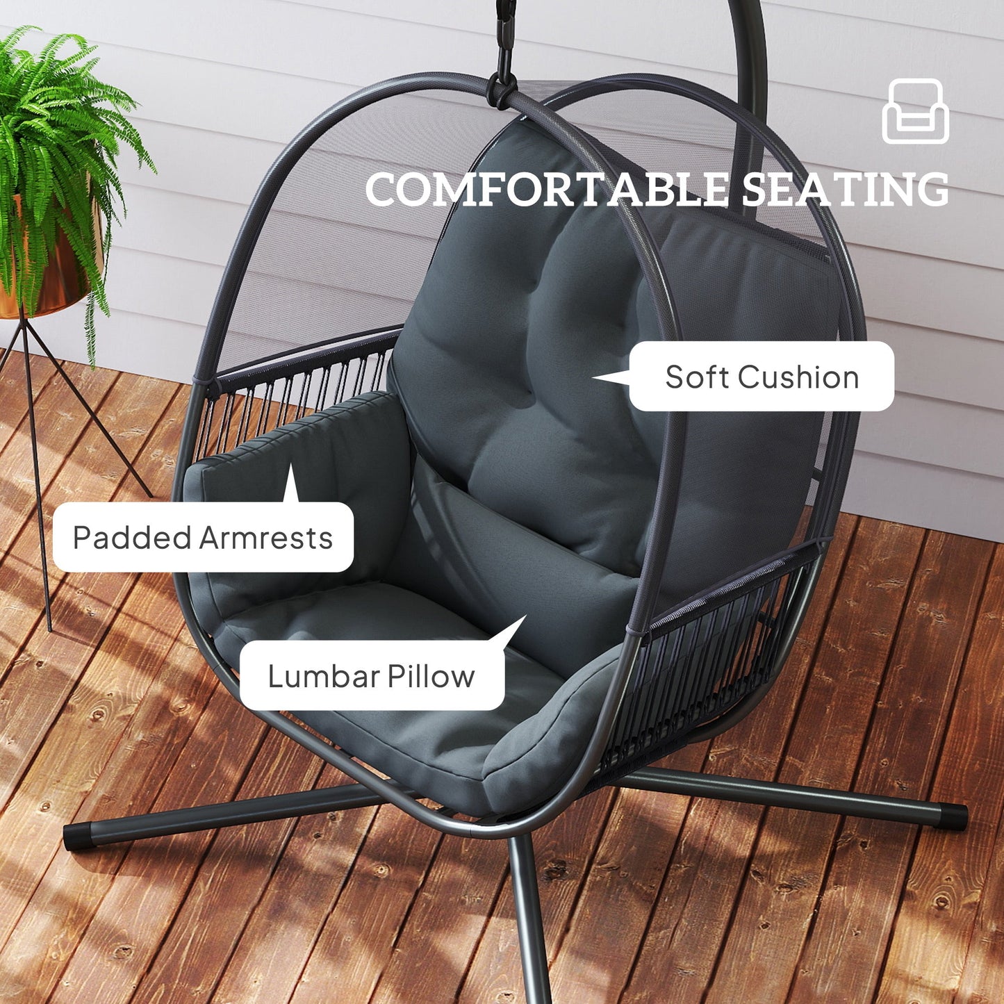 Hanging Egg Chair Outdoor Indoor, Swing Hammock Chair with Stand, Cushions, Lumbar Pillow, Adjustable Height and Steel Frame for Garden Patio Lounge Porch, Dark Grey