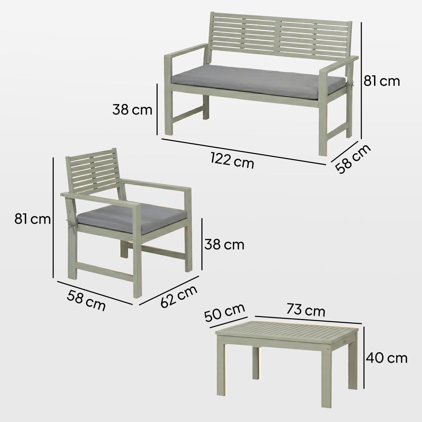 4 Seater Wooden Garden Furniture Set with Loveseat, 2 Armchairs, Wood-Top Table, Acacia Wood Garden Sofa Set with Cushions, Outdoor Furniture Conversation Sets, Light Grey