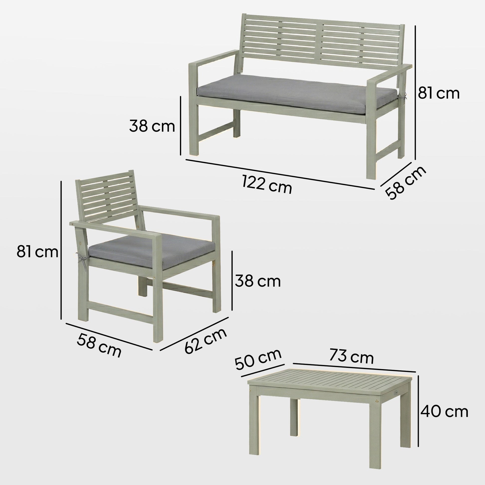4 Seater Wooden Garden Furniture Set with Loveseat, 2 Armchairs, Wood-Top Table, Acacia Wood Garden Sofa Set with Cushions, Outdoor Furniture Conversation Sets, Light Grey