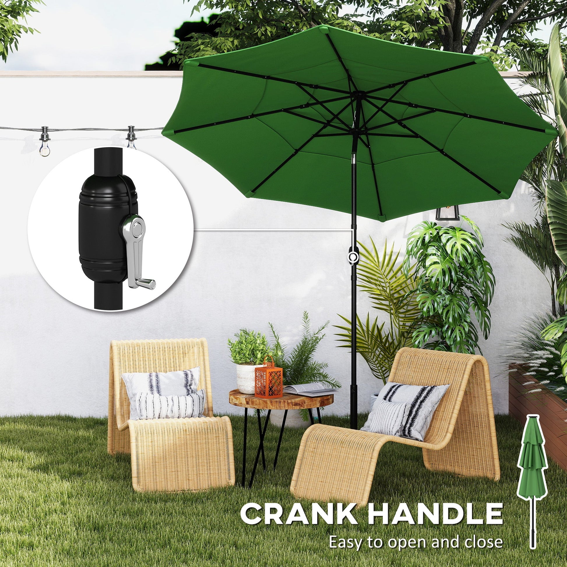 3 m Garden Parasol, Parasol Umbrella with 3-tier Roof, Crank Handle, Tilt Function, Polyester Canopy, Outdoor Table Umbrella for Patio, Garden, Green