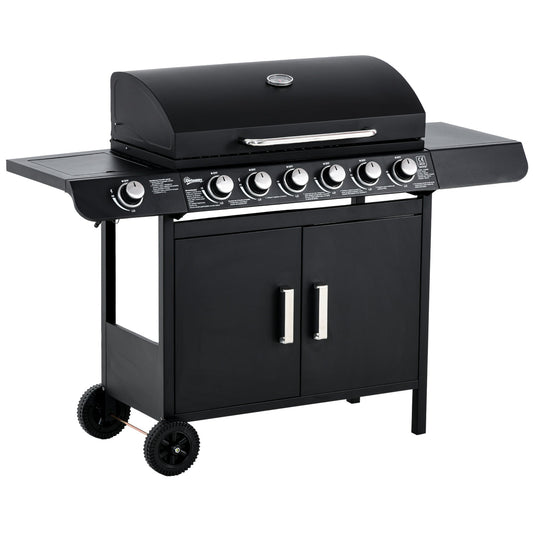 6+1 Burner Gas BBQ Grill, Outdoor Barbecue Trolley with Wheels, Warming Rack, Side Shelves, Cabinet, Thermometer for Garden, Party, Camping, 135 x 51.5 x 100cm, Black