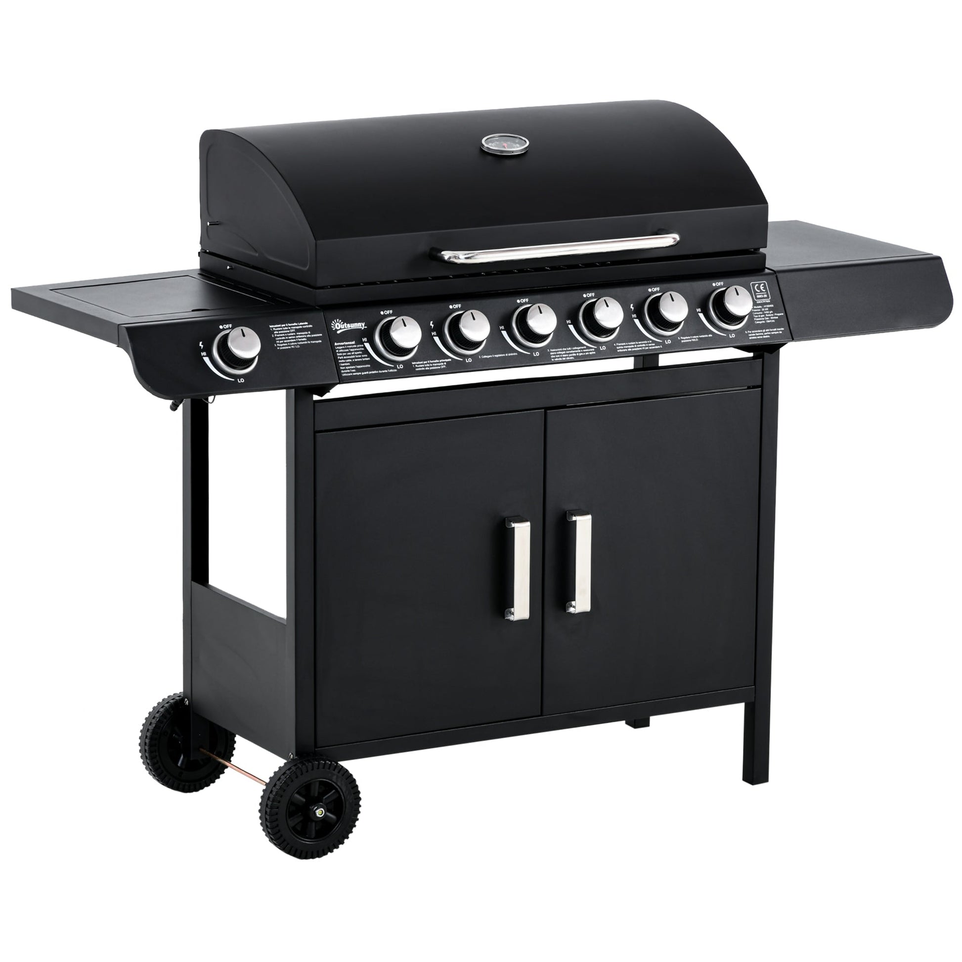 6+1 Burner Gas BBQ Grill, Outdoor Barbecue Trolley with Wheels, Warming Rack, Side Shelves, Cabinet, Thermometer for Garden, Party, Camping, 135 x 51.5 x 100cm, Black