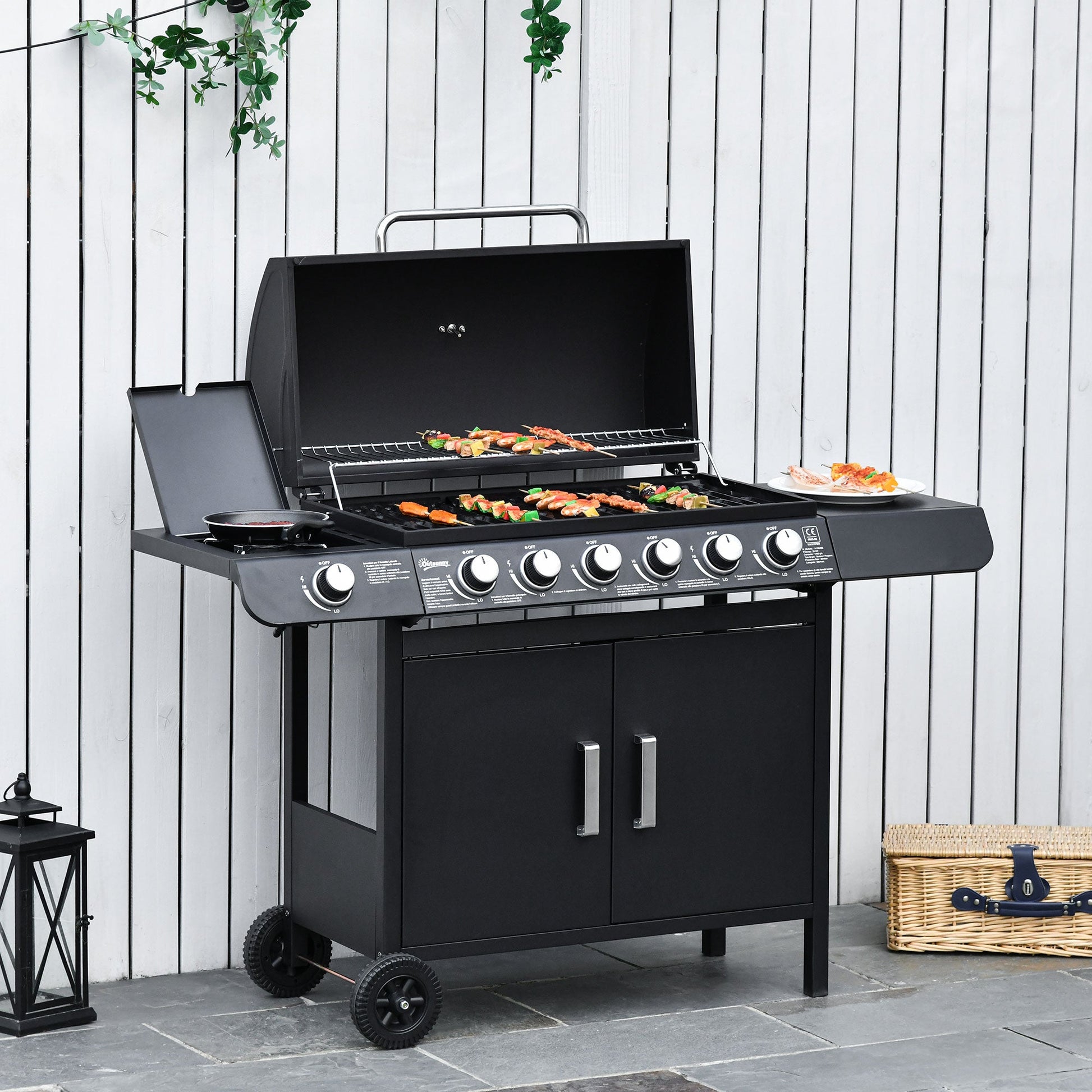 6+1 Burner Gas BBQ Grill, Outdoor Barbecue Trolley with Wheels, Warming Rack, Side Shelves, Cabinet, Thermometer for Garden, Party, Camping, 135 x 51.5 x 100cm, Black