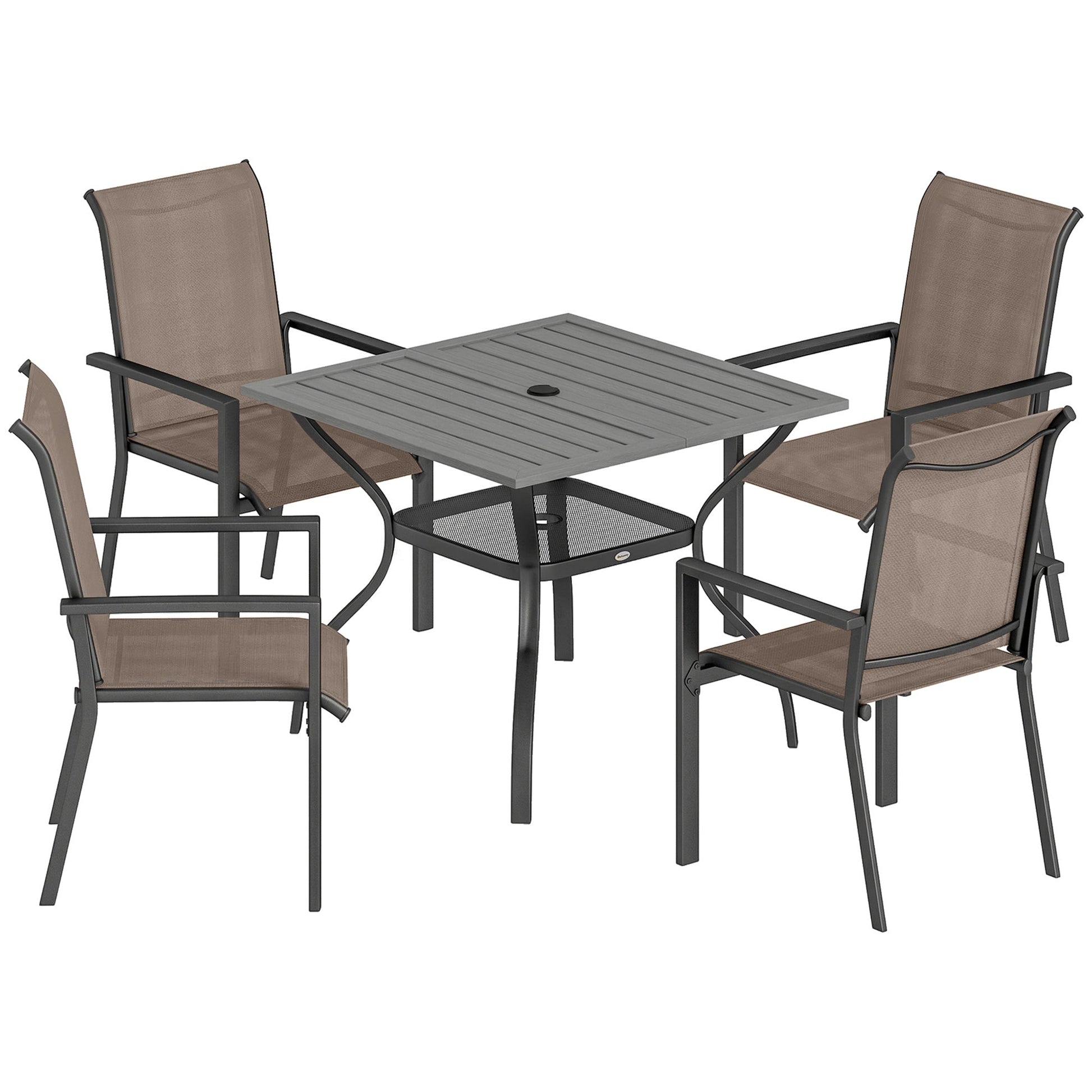 5 Pieces Garden Dining Set for 4, Patio Table and Stackable Chairs with Breathable Mesh Seat and Parasol Hole, Garden Furniture Set with Steel Frame for Garden, Grey and Khaki