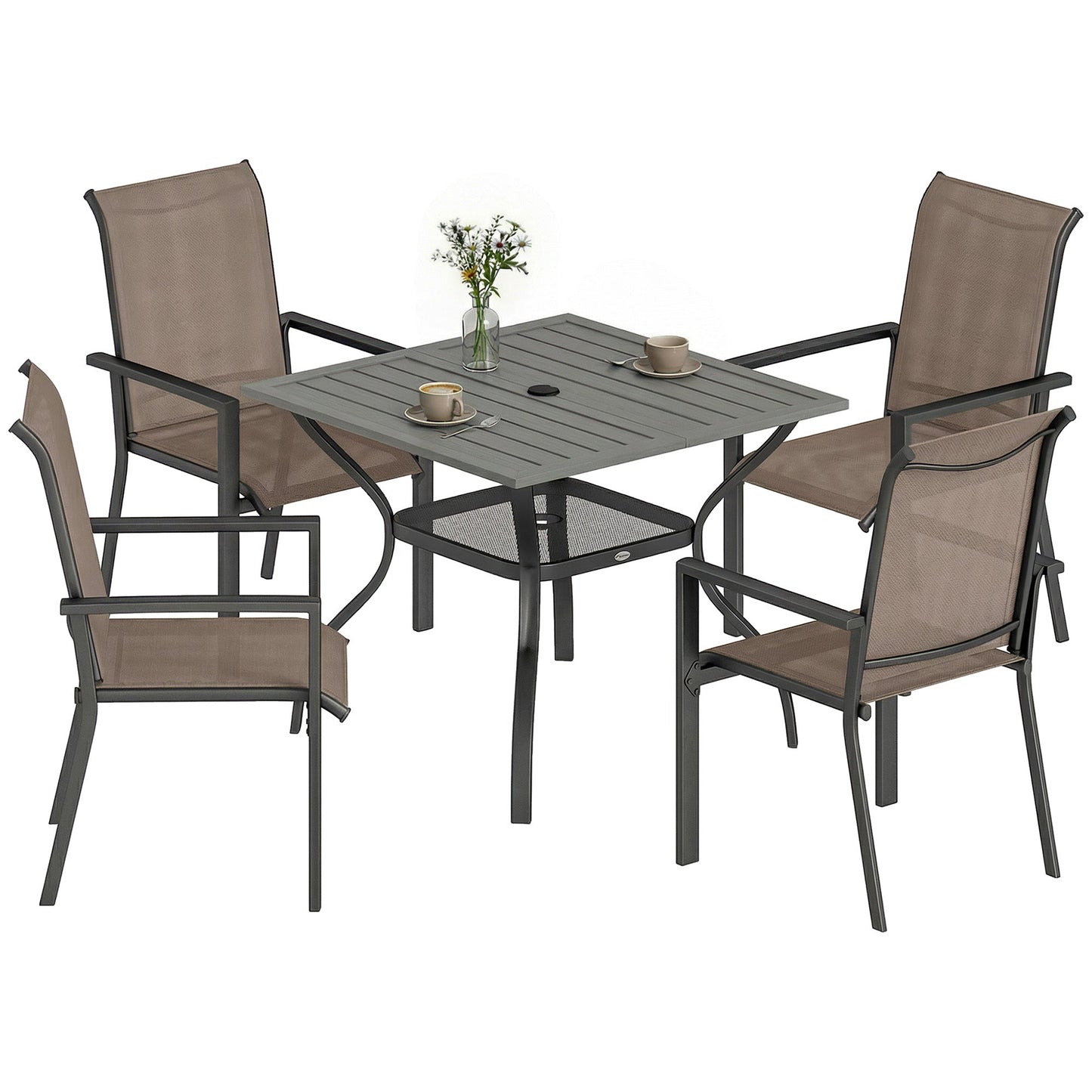 5 Pieces Garden Dining Set for 4, Patio Table and Stackable Chairs with Breathable Mesh Seat and Parasol Hole, Garden Furniture Set with Steel Frame for Garden, Grey and Khaki