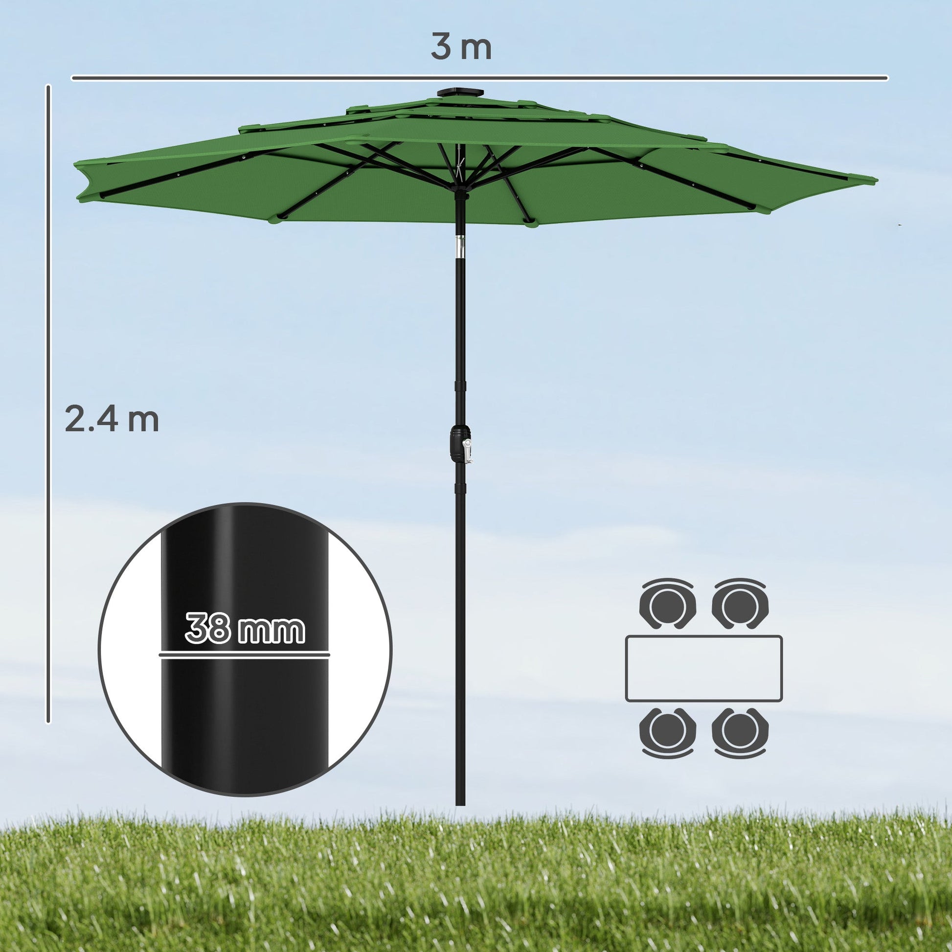 3 m Garden Parasol, Parasol Umbrella with 3-tier Roof, Crank Handle, Tilt Function, Polyester Canopy, Outdoor Table Umbrella for Patio, Garden, Green