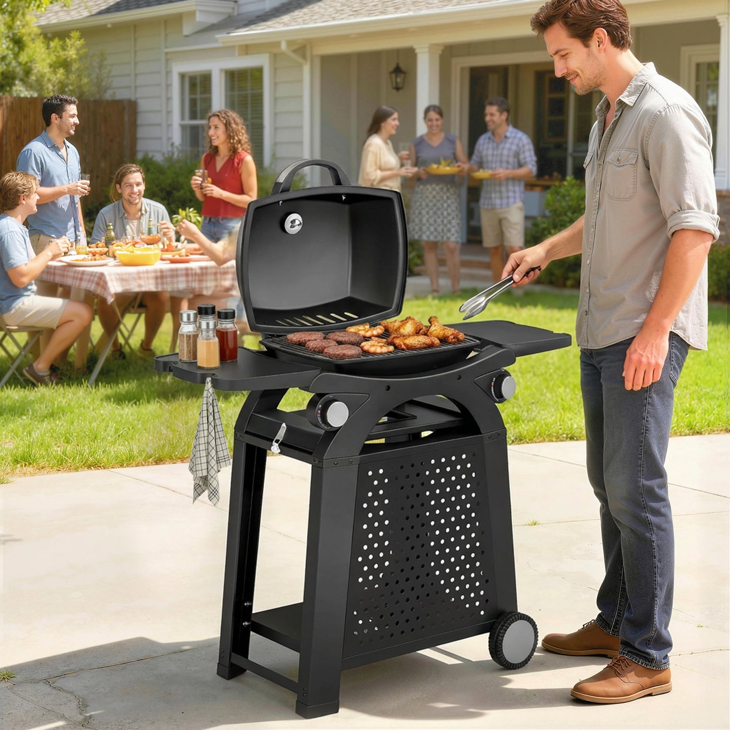 2 Burner Gas Grill with 2 Detachable Side Tables, 3.8 KW Steel Barbecue Grill with Cast Iron Grates, 2-in-1 Portable Tabletop BBQ with Wheels, Thermometer, Grease Tray, Hooks, Black