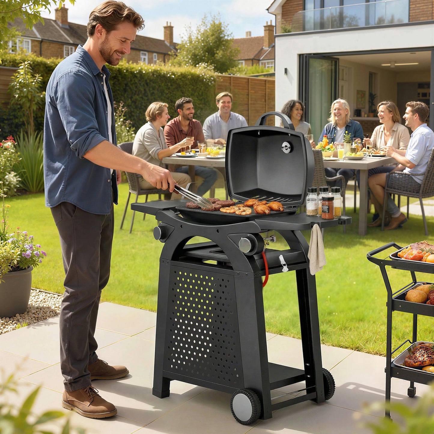 2 Burner Gas Grill with 2 Detachable Side Tables, 3.8 KW Steel Barbecue Grill with Cast Iron Grates, 2-in-1 Portable Tabletop BBQ with Wheels, Thermometer, Grease Tray, Hooks, Black