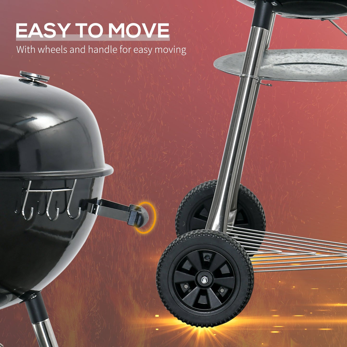 Portable Kettle Charcoal Grill BBQ Smoker with Cover, Outdoor Round Barbecue with Lid, Thermometer, Turner, Knife, Clip, Storage Shelf, & Wheels for Party Patio Garden