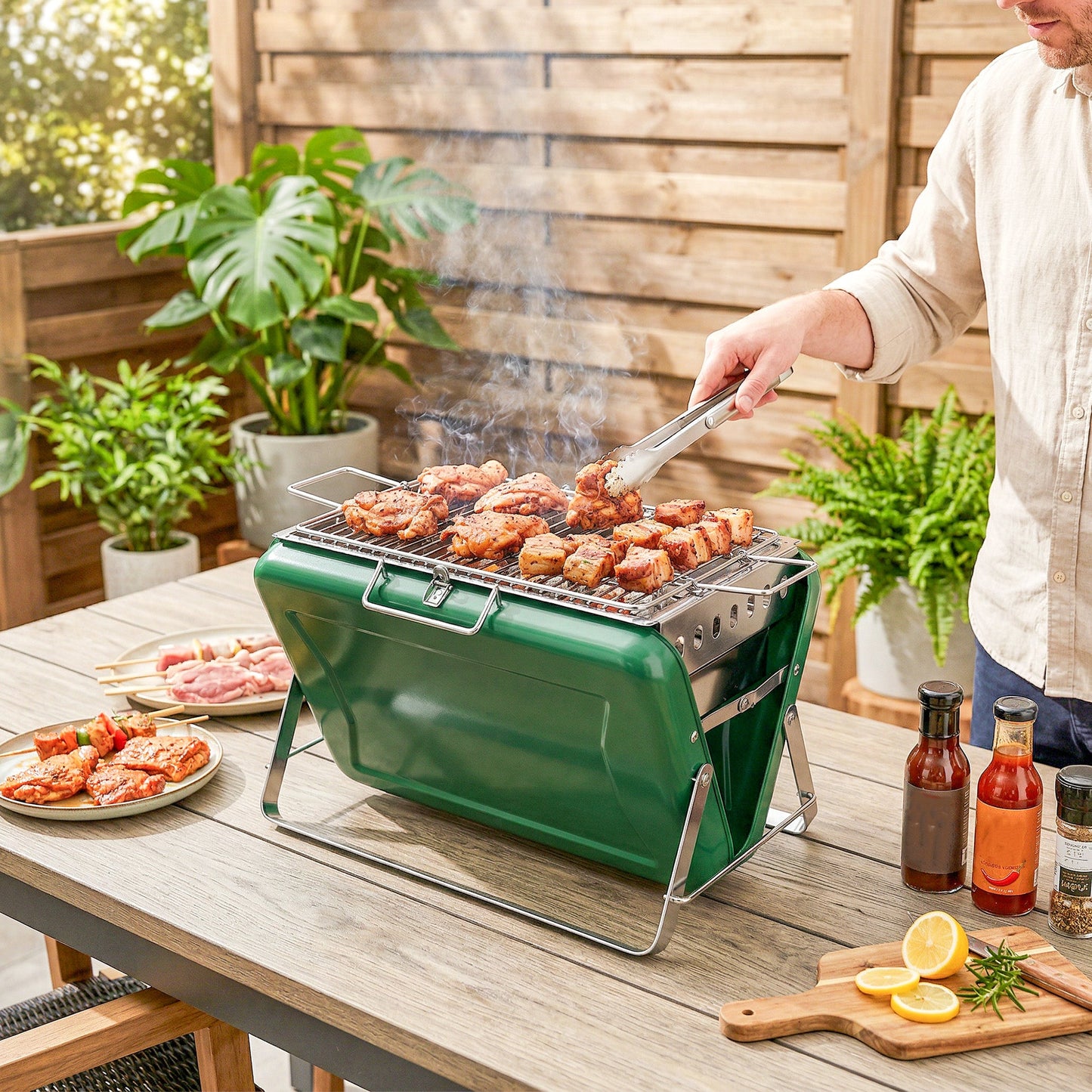 Portable BBQ Grill, Folding Charcoal Barbecue Grill with Handle and Foldable Legs for Camping Garden Outdoor Cooking, Dark Green