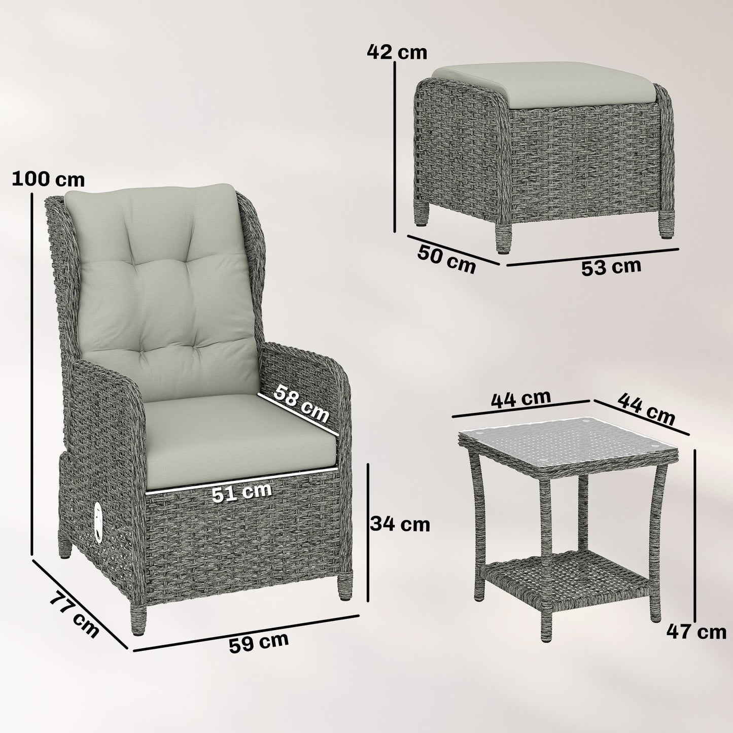 5 Piece Garden Furniture Set, Rattan Reclining Garden Chair Set of 2 with Glass-Top Coffee Table, Footstool and Thickness Cushion for Balcony, Patio, Cream White