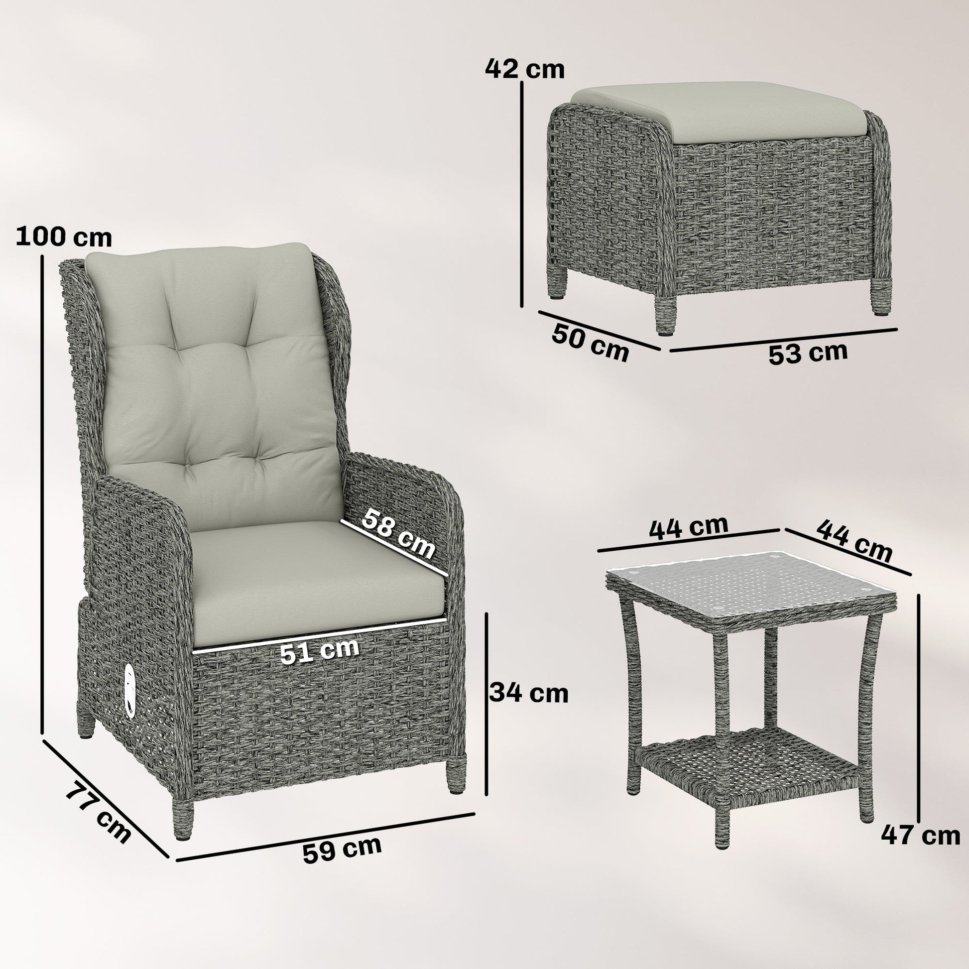 5 Piece Garden Furniture Set, Rattan Reclining Garden Chair Set of 2 with Glass-Top Coffee Table, Footstool and Thickness Cushion for Balcony, Patio, Cream White