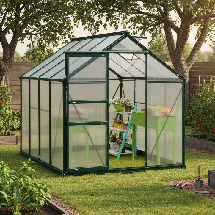6 x 8ft Polycarbonate Greenhouse, Large Walk-In Green House with Slide Door and Window, Garden Plants Grow House with Aluminium Frame and Foundation, Dark Green