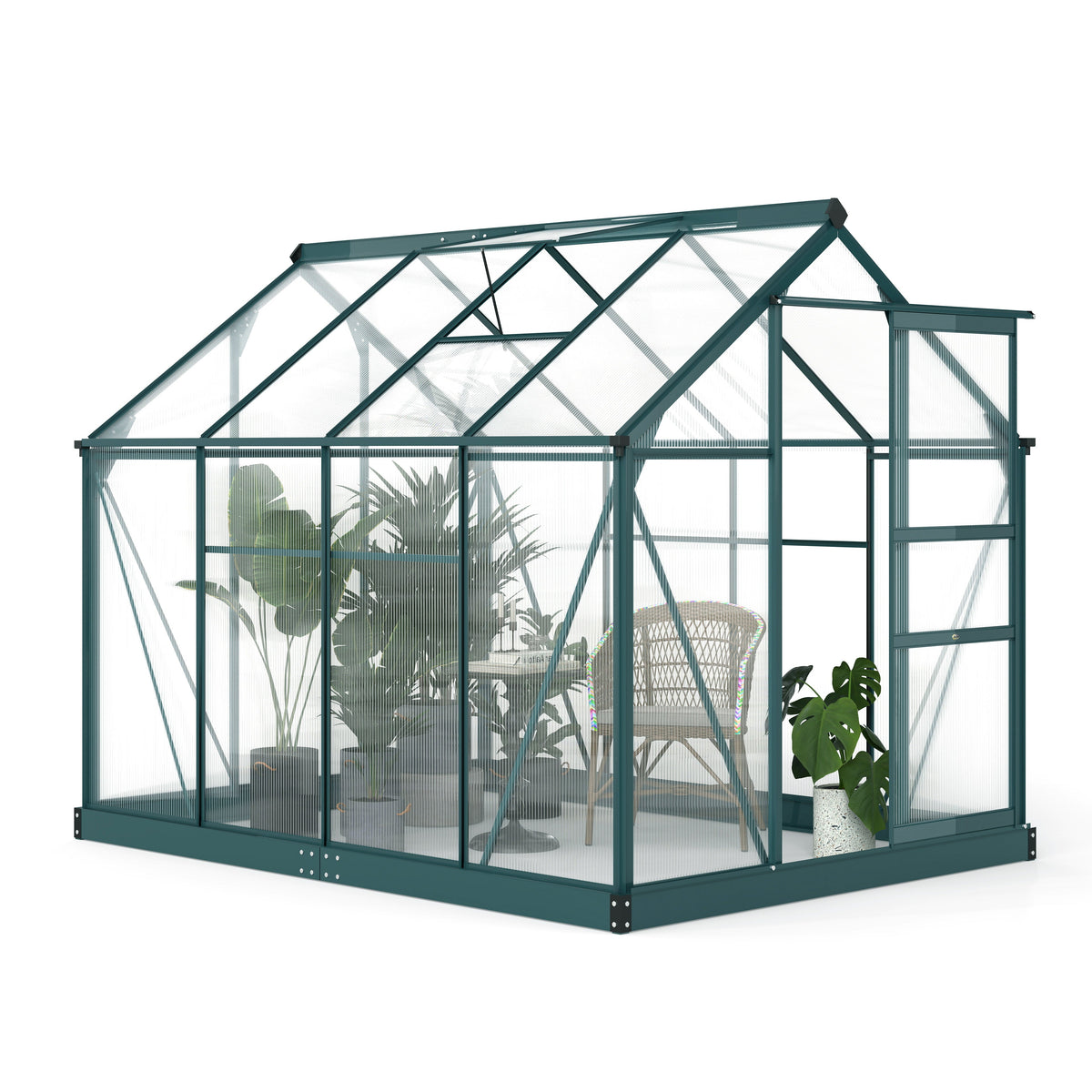 6 x 8ft Polycarbonate Greenhouse, Large Walk-In Green House with Slide Door and Window, Garden Plants Grow House with Aluminium Frame and Foundation, Dark Green