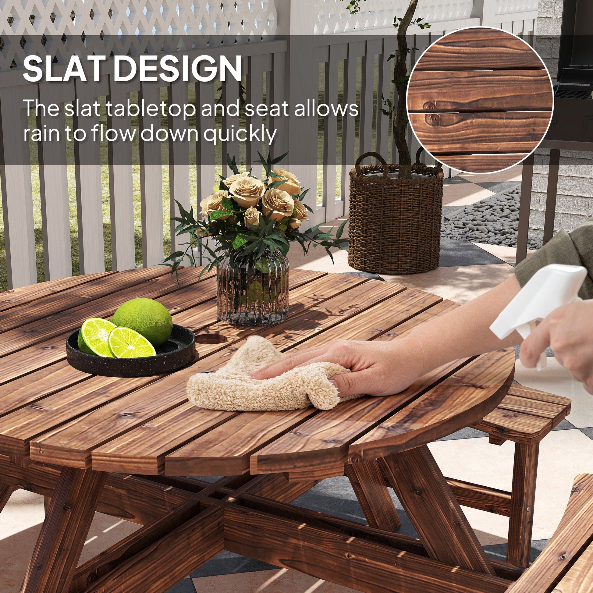 Wooden Garden Dining Set, 8 Seater Round Dining Picnic Table with Matching Bench, Patio Furniture Set with Parasol Hole for Outdoor Garden Patio Party and Family Gatherings, Tan