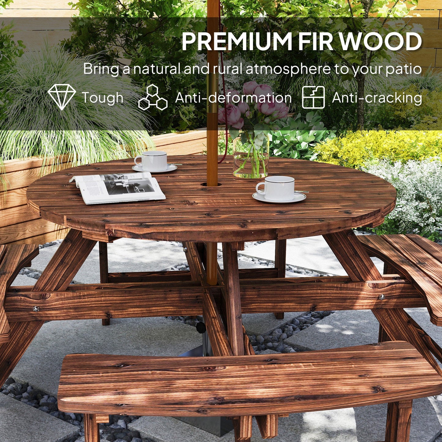 Wooden Garden Dining Set, 8 Seater Round Dining Picnic Table with Matching Bench, Patio Furniture Set with Parasol Hole for Outdoor Garden Patio Party and Family Gatherings, Tan