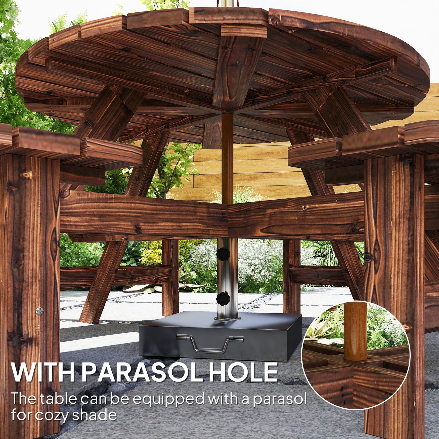 Wooden Garden Dining Set, 8 Seater Round Dining Picnic Table with Matching Bench, Patio Furniture Set with Parasol Hole for Outdoor Garden Patio Party and Family Gatherings, Tan