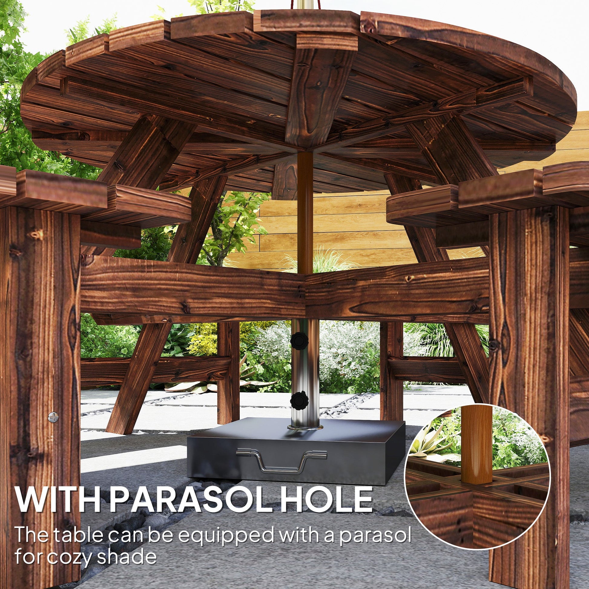 Wooden Garden Dining Set, 8 Seater Round Dining Picnic Table with Matching Bench, Patio Furniture Set with Parasol Hole for Outdoor Garden Patio Party and Family Gatherings, Tan