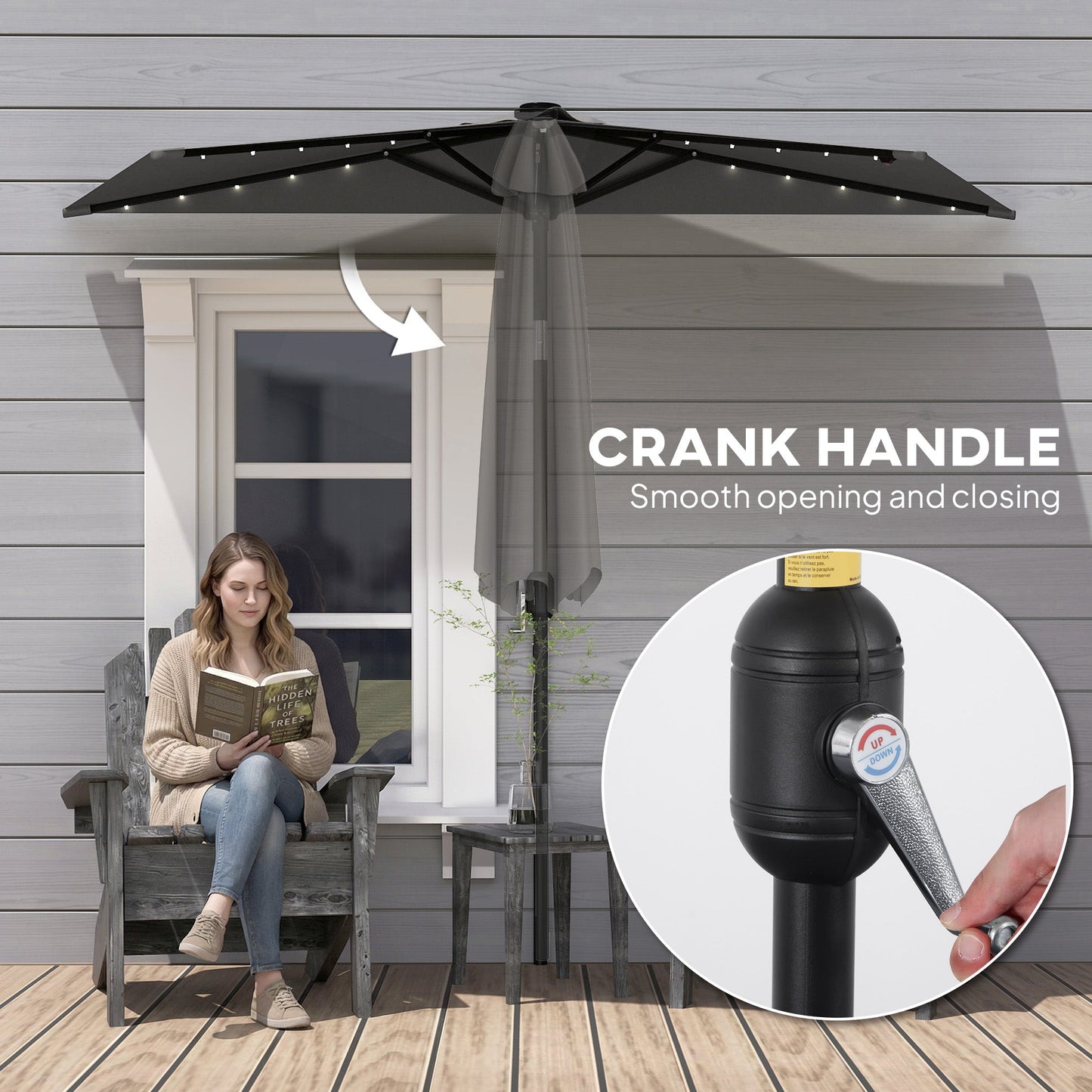 2.6 m Half Garden Parasol with Solar LED Lights, UPF50+ Semi Round Umbrella with 30° Tilt, Crank Handle, Metal Frame for Balcony, Dark Grey