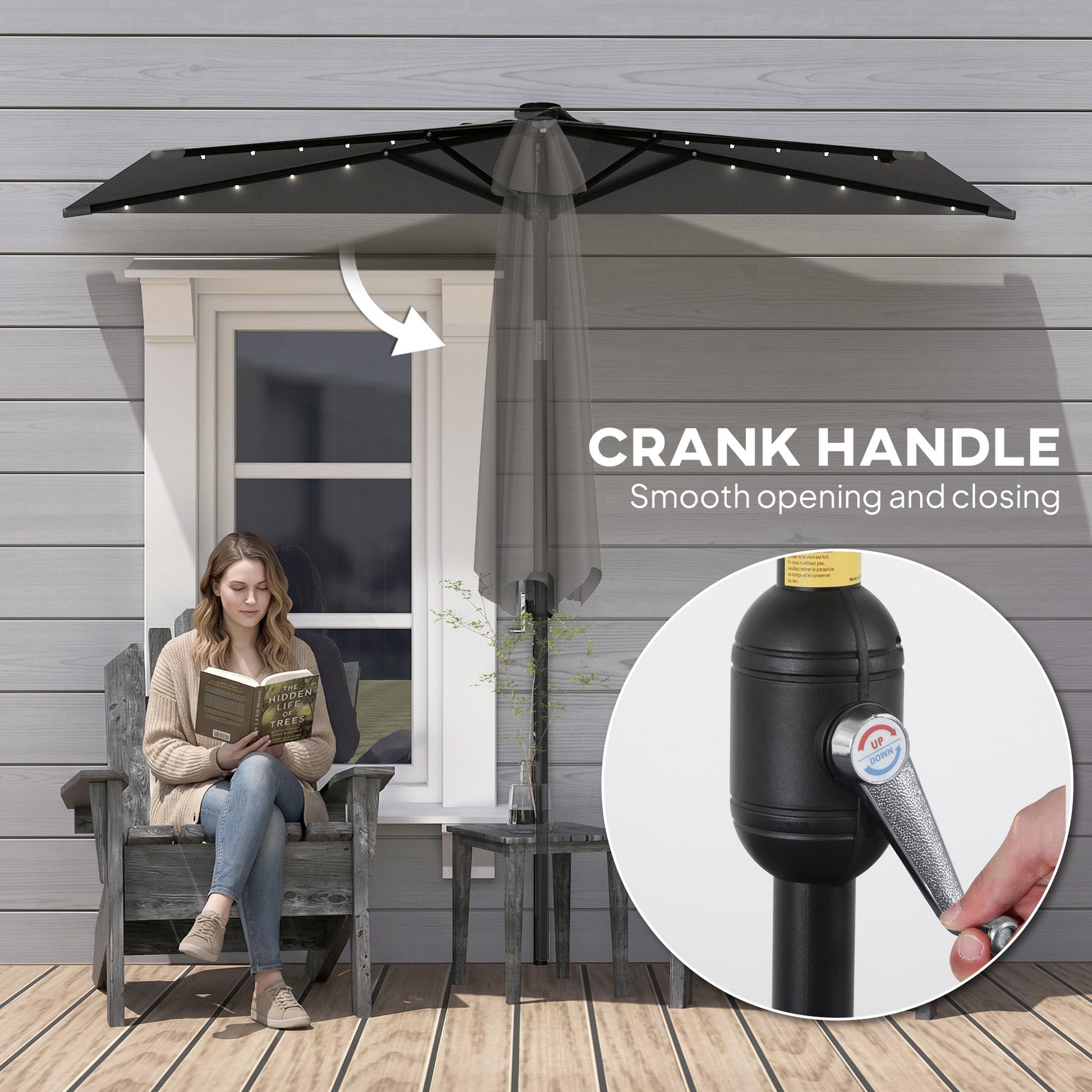 2.6 m Half Garden Parasol with Solar LED Lights, UPF50+ Semi Round Umbrella with 30° Tilt, Crank Handle, Metal Frame for Balcony, Dark Grey