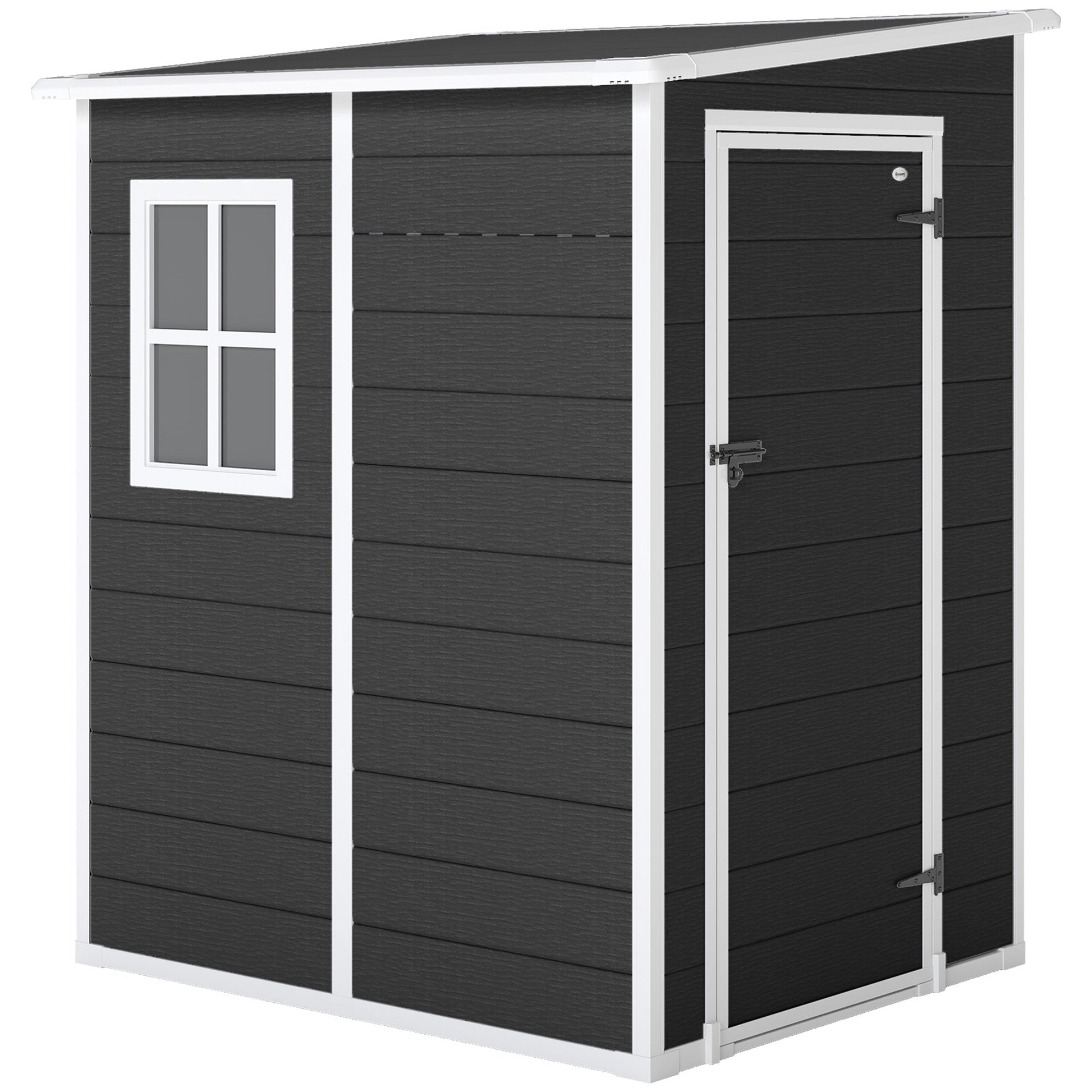 4 x 5FT Plastic Garden Shed with Floor, Lean to Outdoor Storage Shed, Lockable Tool Storage House with Window, Vent and Plastic Roof, Black