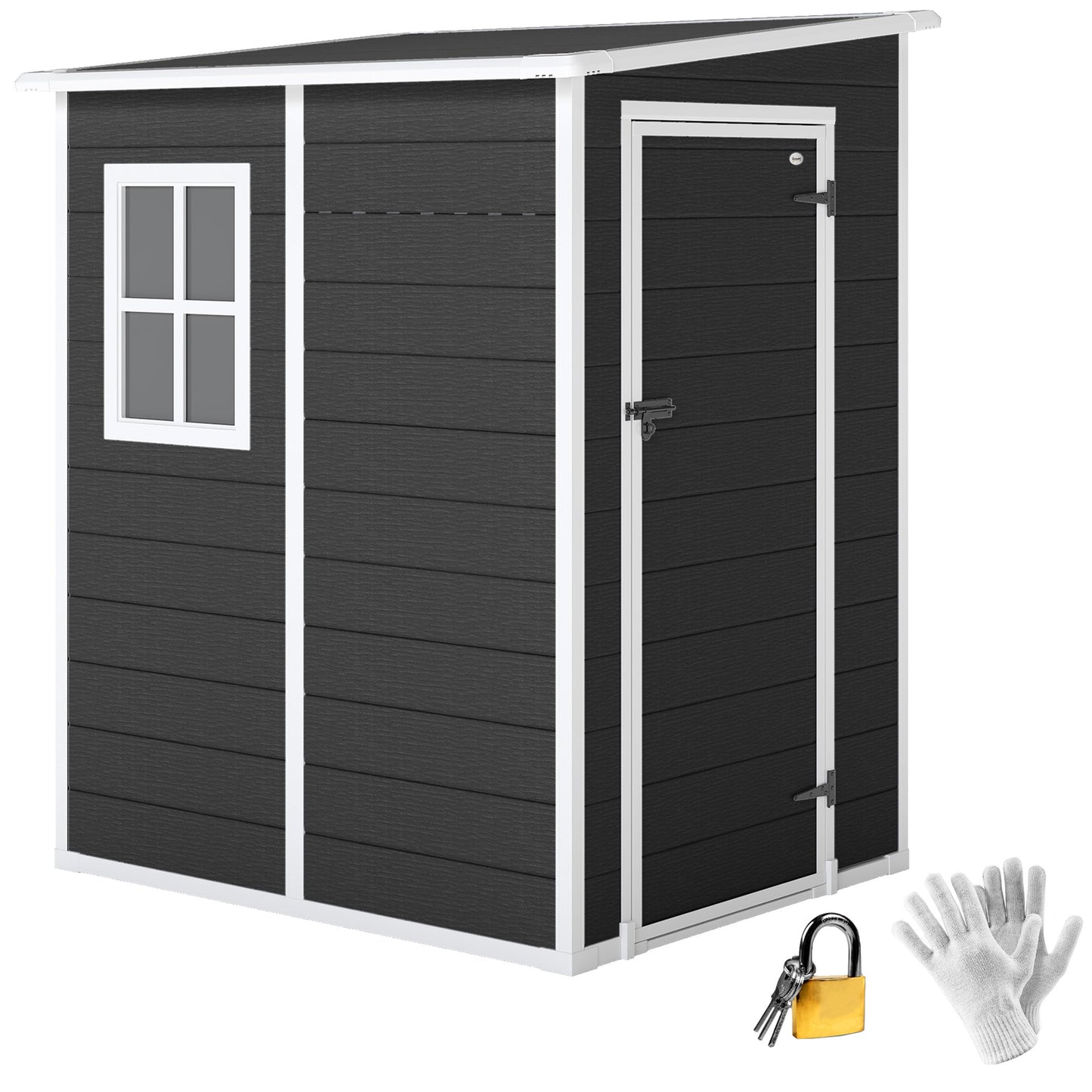 4 x 5FT Plastic Garden Shed with Floor, Lean to Outdoor Storage Shed, Lockable Tool Storage House with Window, Vent and Plastic Roof, Black