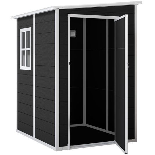 4 x 5FT Plastic Garden Shed with Floor, Lean to Outdoor Storage Shed, Lockable Tool Storage House with Window, Vent and Plastic Roof, Black