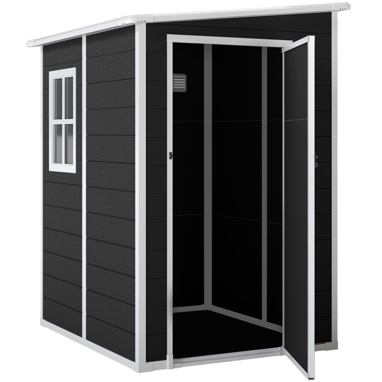 4 x 5FT Plastic Garden Shed with Floor, Lean to Outdoor Storage Shed, Lockable Tool Storage House with Window, Vent and Plastic Roof, Black