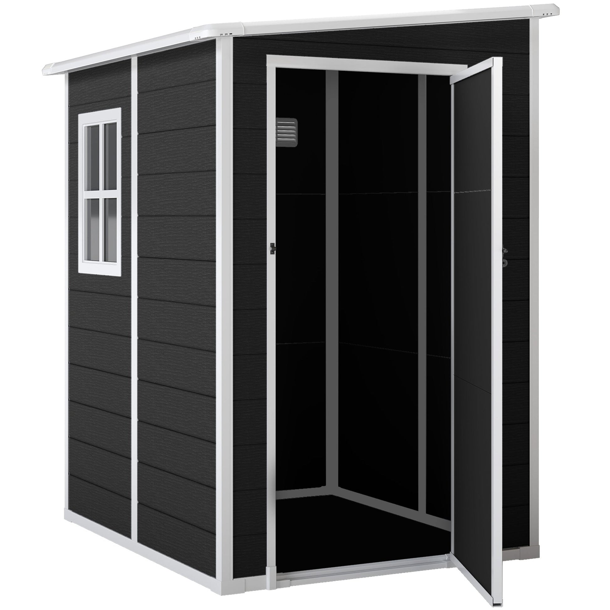 4 x 5FT Plastic Garden Shed with Floor, Lean to Outdoor Storage Shed, Lockable Tool Storage House with Window, Vent and Plastic Roof, Black