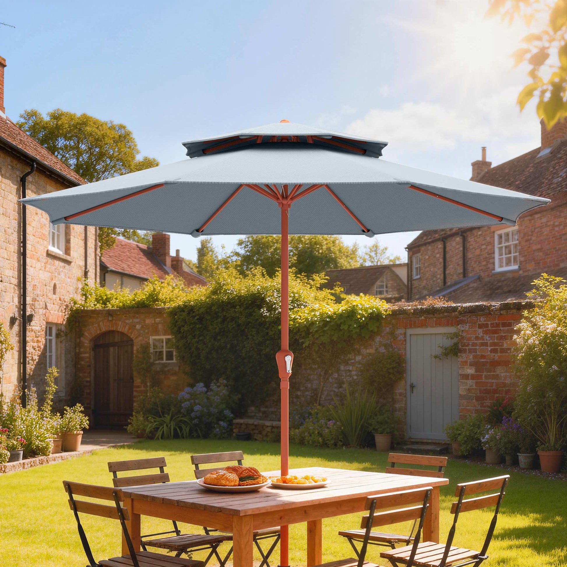 Patio Umbrella with Crank, Double Top Outdoor Market Table Umbrella for Garden, Patio,104'' x 104'', Light Grey