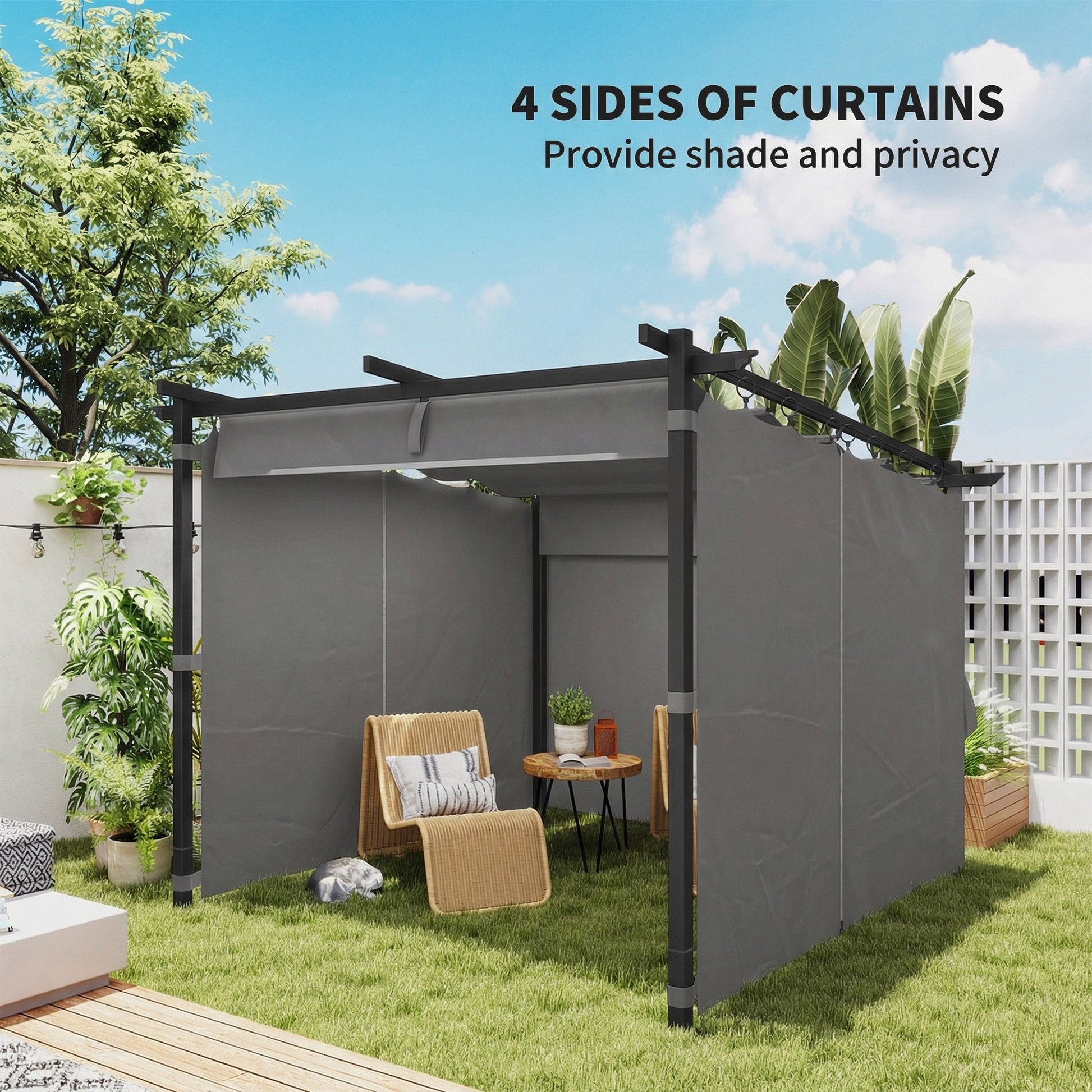 3 x 3(m) Metal Pergola with Retractable Roof and Sidewalls, Garden Gazebo UPF30+ Sun Shade Shelter for Outdoor, Patio, Deck, Light Grey