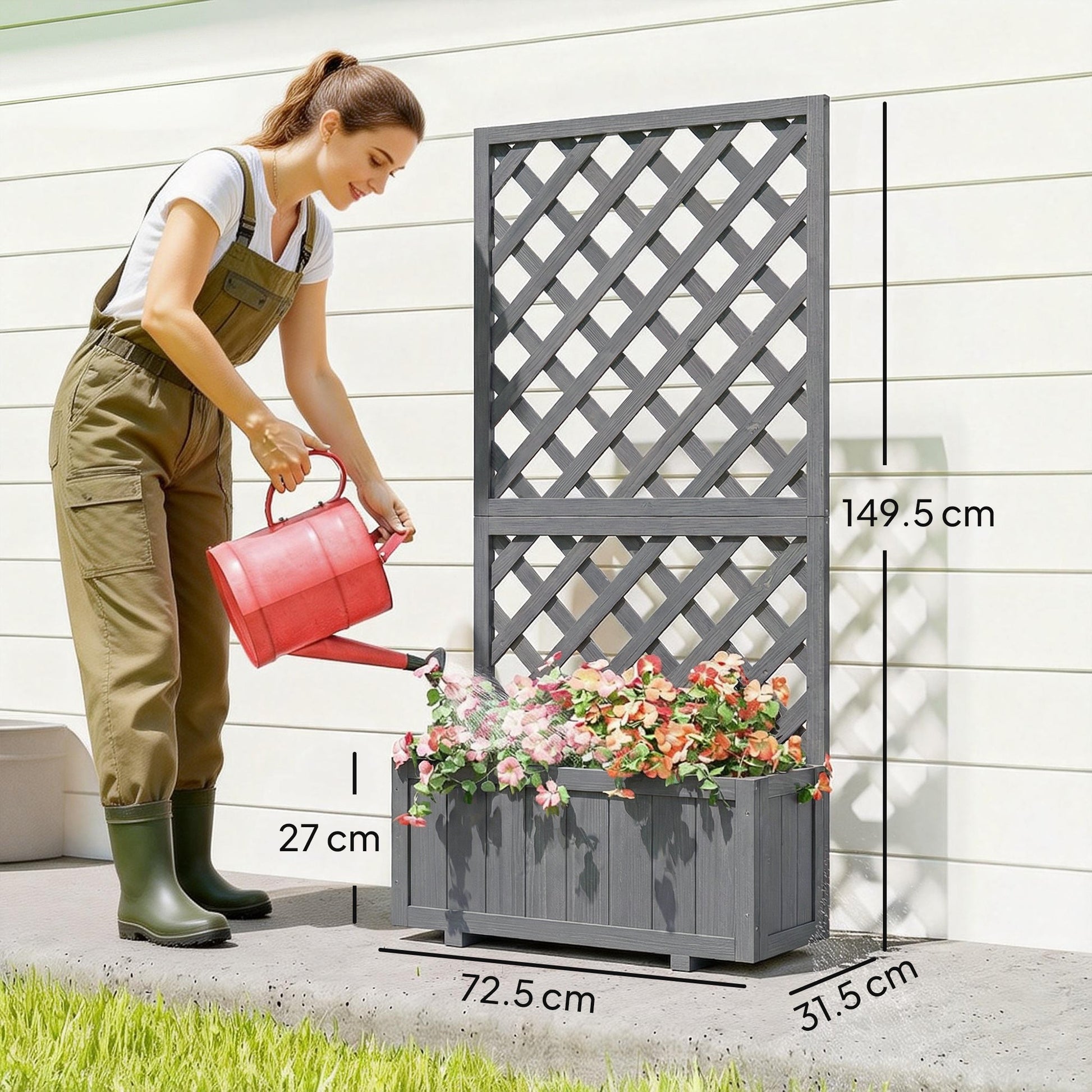 Wood Planter with Trellis for Climbing Plants, Raised Bed, Planter Box with Drainage Holes to Grow Vegetables, Herbs and Flowers for Garden, Patio, Yard, Grey