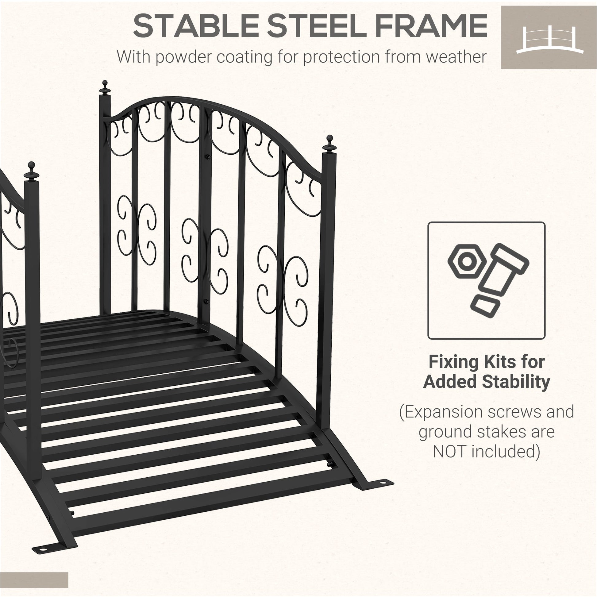 1.2M Metal Garden Bridge with Safety Railings, Classic Retro Arc Footbridge with Scrollwork Pattern, Small Decorative Pond Bridge for Creeks Streams Borders, Black