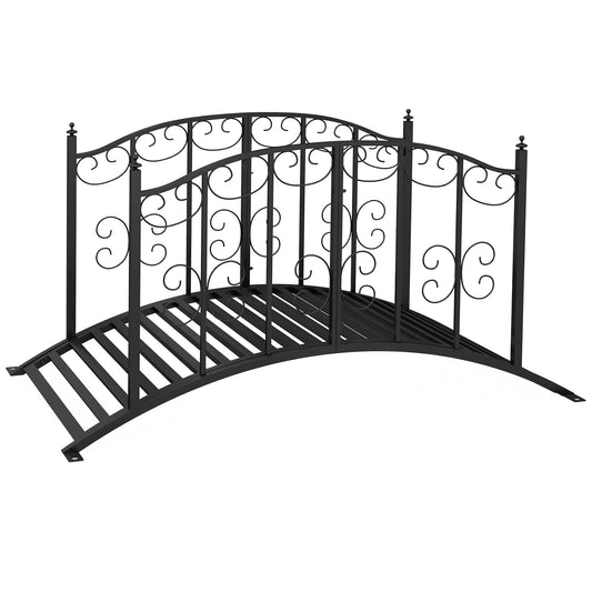 1.2M Metal Garden Bridge with Safety Railings, Classic Retro Arc Footbridge with Scrollwork Pattern, Small Decorative Pond Bridge for Creeks Streams Borders, Black