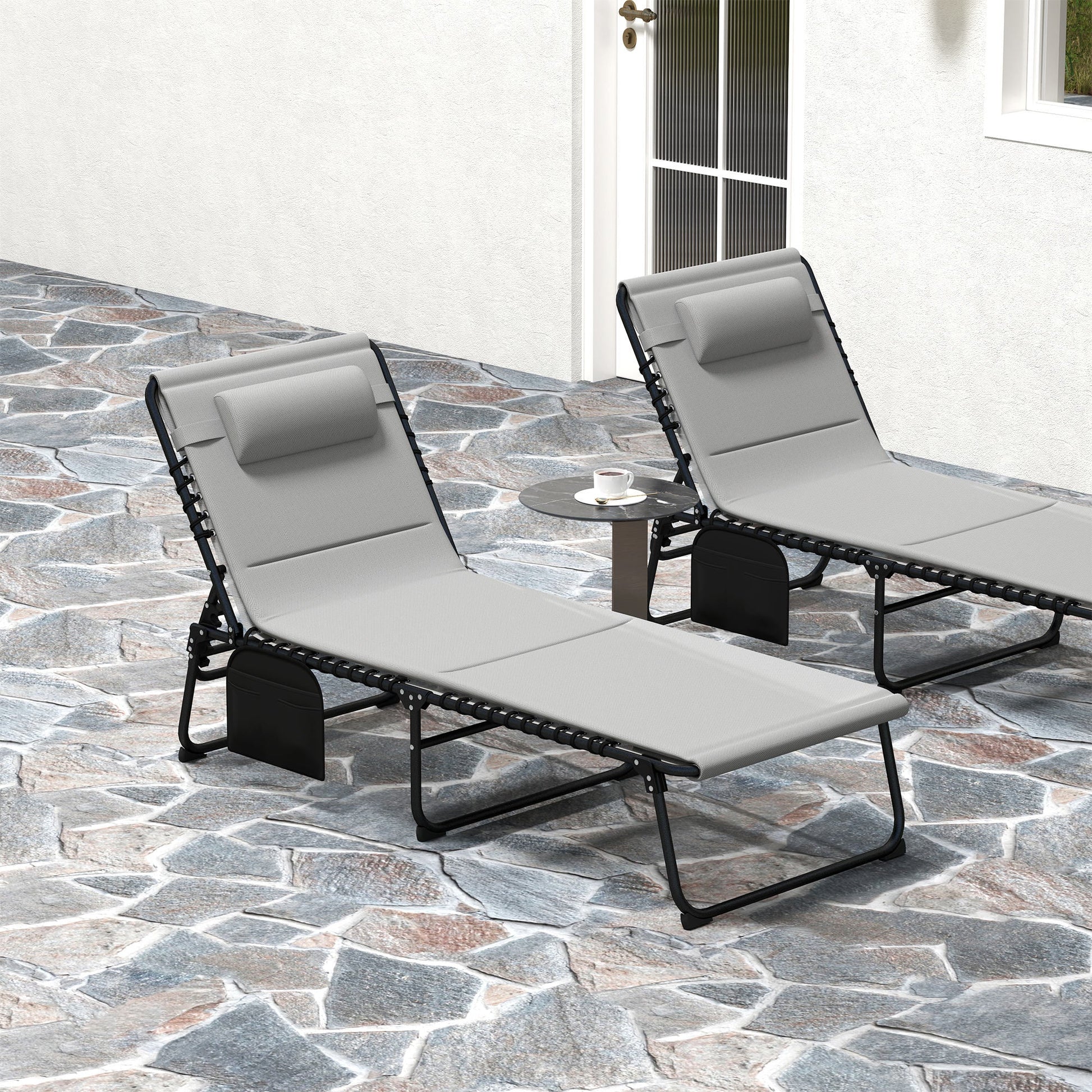 Folding Sun Loungers Set of 2, Recliner Garden Chairs with Quick Drying Pad Headrest Side Pocket, Garden Sun Loungers for Beach Pool, Light Grey