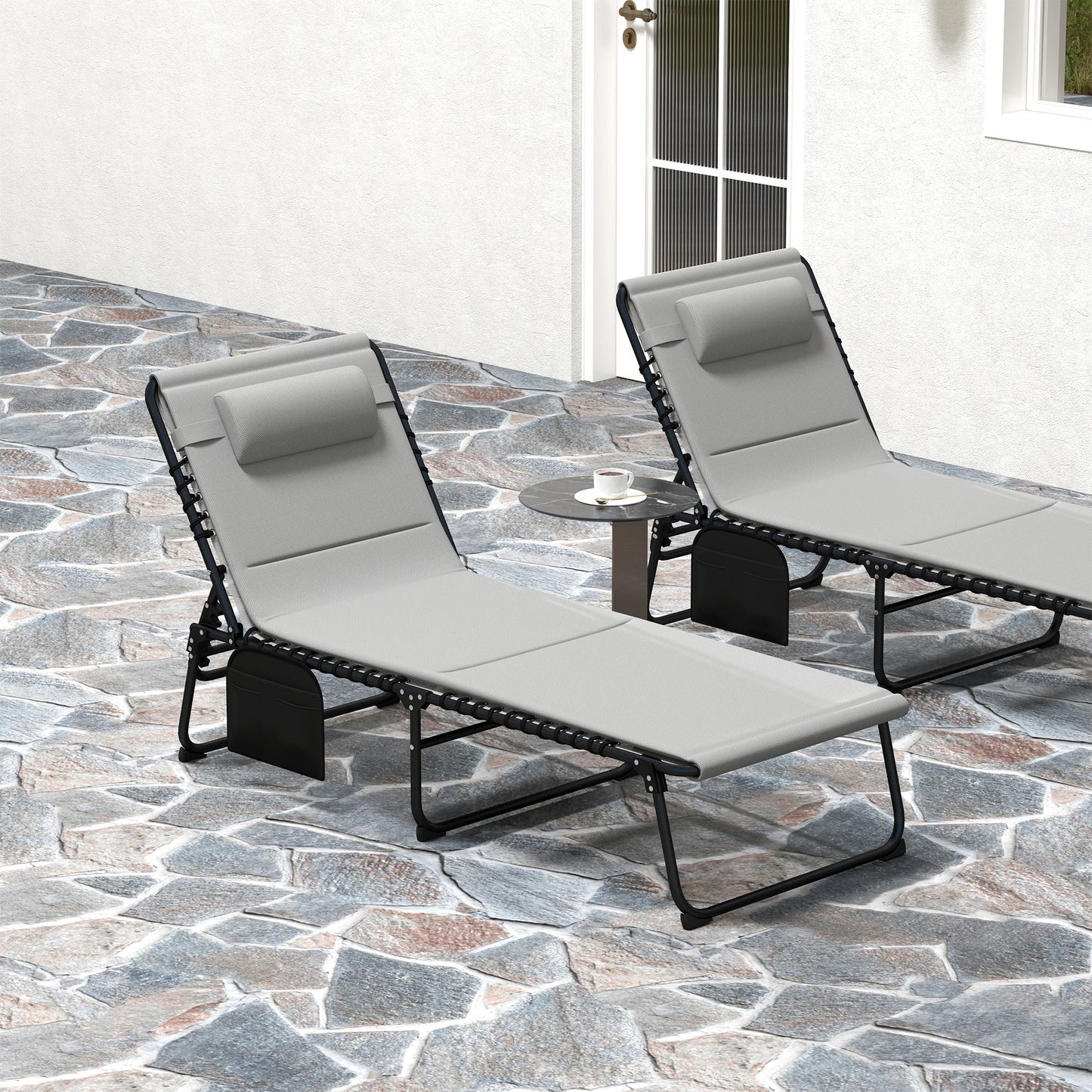 Folding Sun Loungers Set of 2, Recliner Garden Chairs with Quick Drying Pad Headrest Side Pocket, Garden Sun Loungers for Beach Pool, Light Grey
