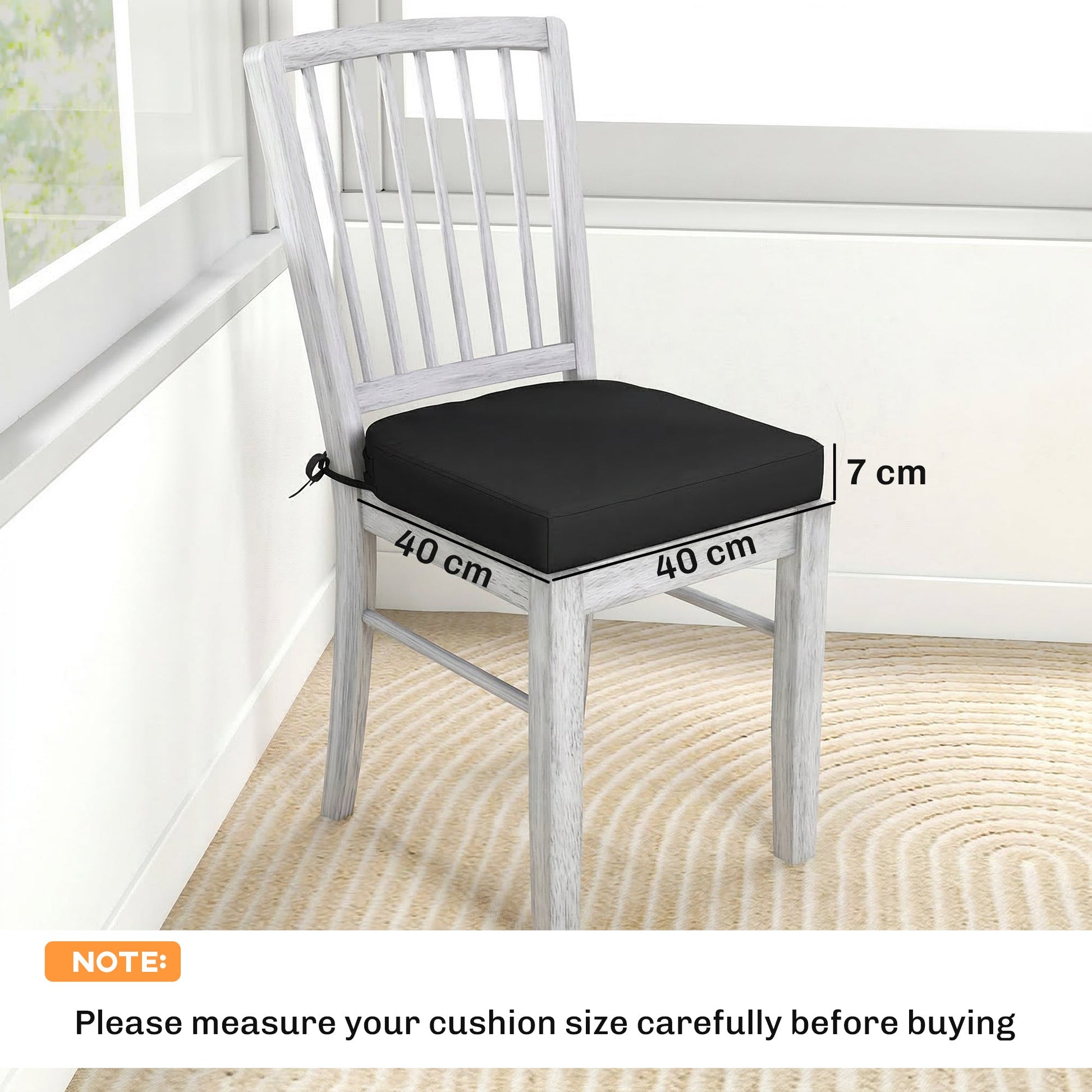 Outdoor Chair Seat Cushions Set of 2, Garden Chair Cushions with 7cm Thick Foam & Ties, Water Repellent and UV Resistant Covers for Patio Furniture 40x40cm, Black