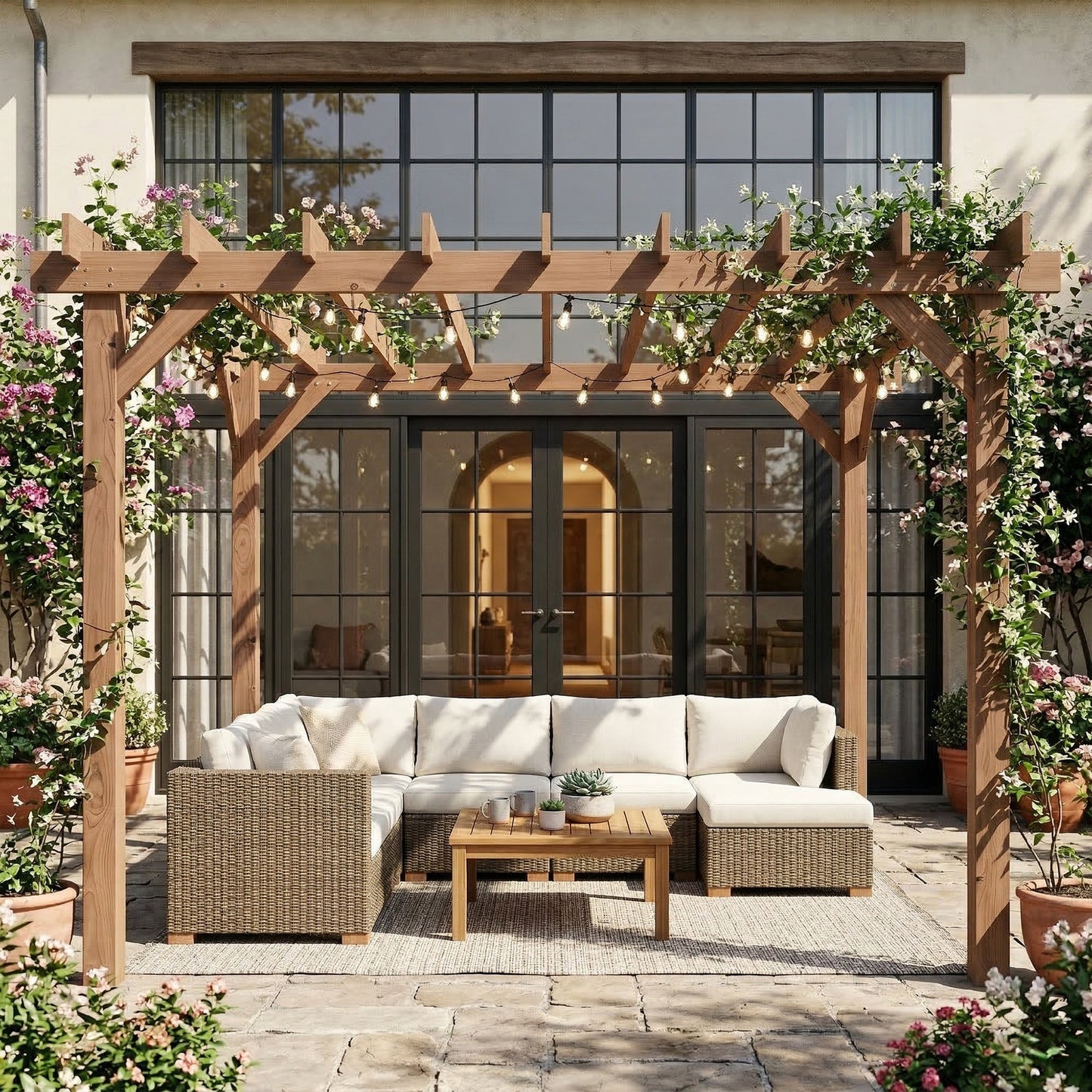 3.6 x 3 m Wooden Pergola Kit, Garden Pergola Gazebo Grape Trellis with Triangle Supports, Crossing Beams for Climbing Vines, Flowers, Sun Shade Shelter for Grill, Patio, Maple Wood-effect