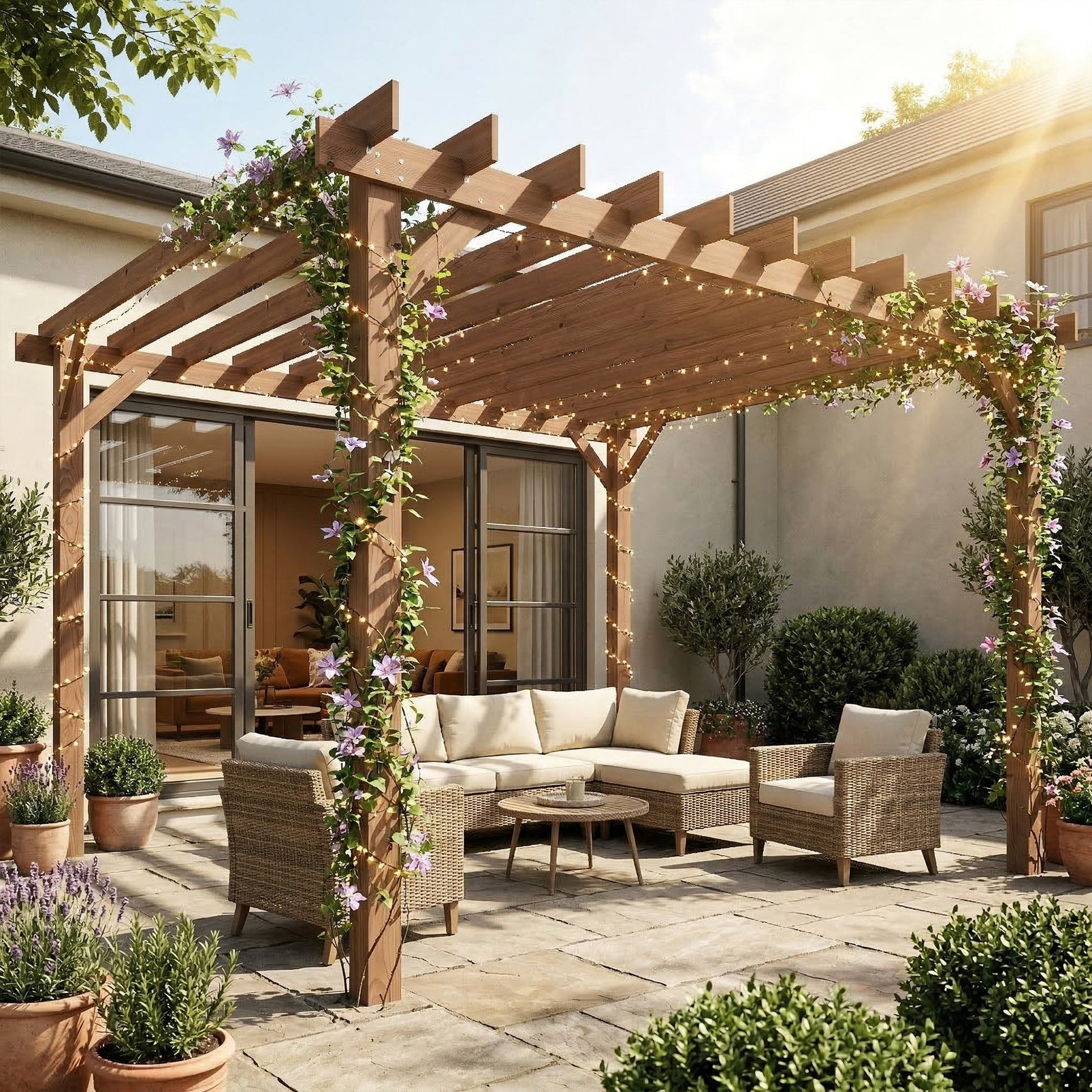 3.6 x 3 m Wooden Pergola Kit, Garden Pergola Gazebo Grape Trellis with Triangle Supports, Crossing Beams for Climbing Vines, Flowers, Sun Shade Shelter for Grill, Patio, Maple Wood-effect