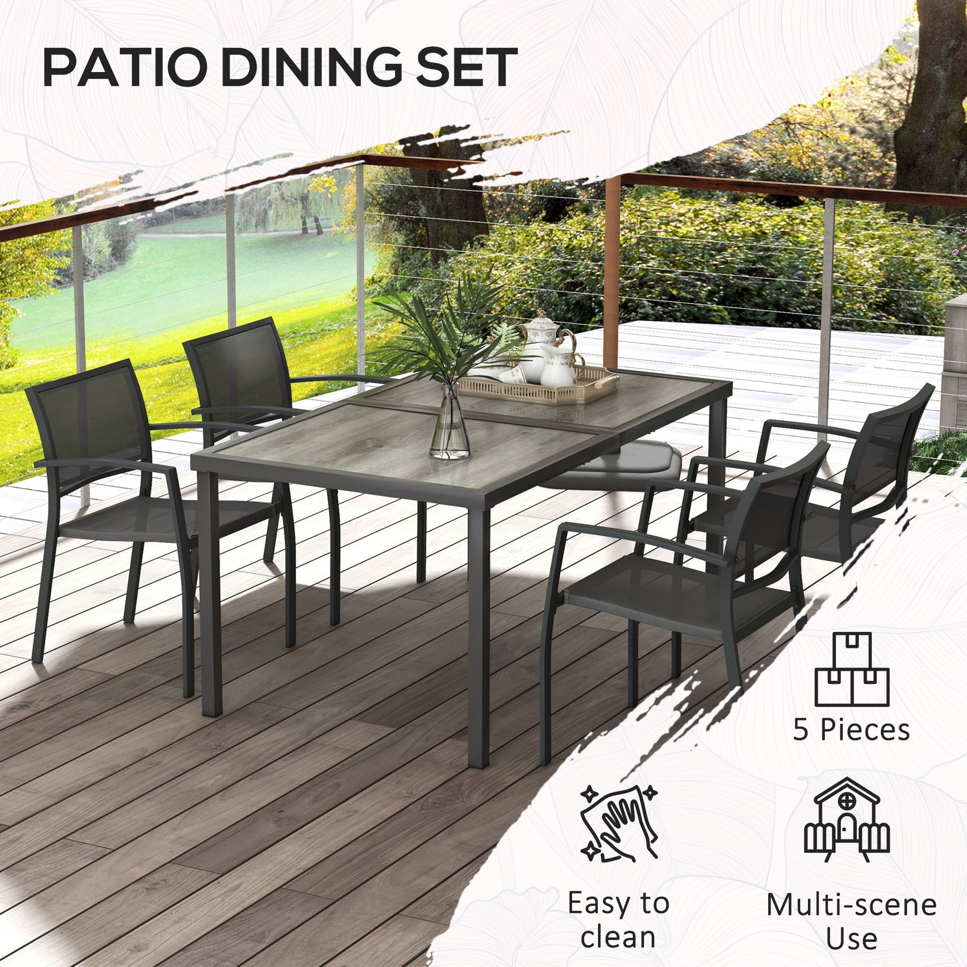4 Seater Garden Dining Set, Stackable Armchairs and Wood-like Top Table, Space-Saving Outdoor Table and Chairs with Breathable Mesh Seat, Garden Furniture Set, Grey