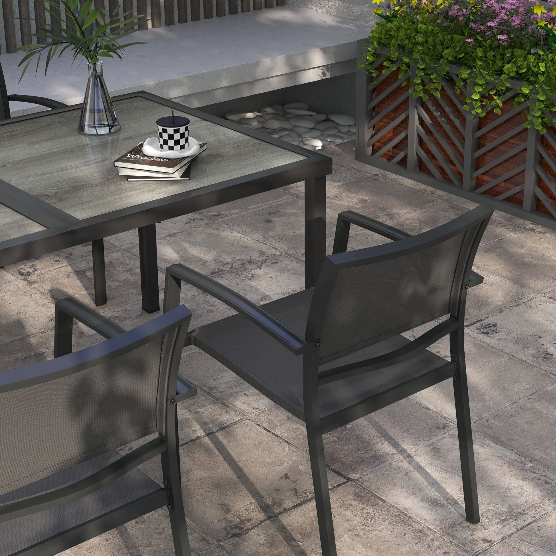 4 Seater Garden Dining Set, Stackable Armchairs and Wood-like Top Table, Space-Saving Outdoor Table and Chairs with Breathable Mesh Seat, Garden Furniture Set, Grey