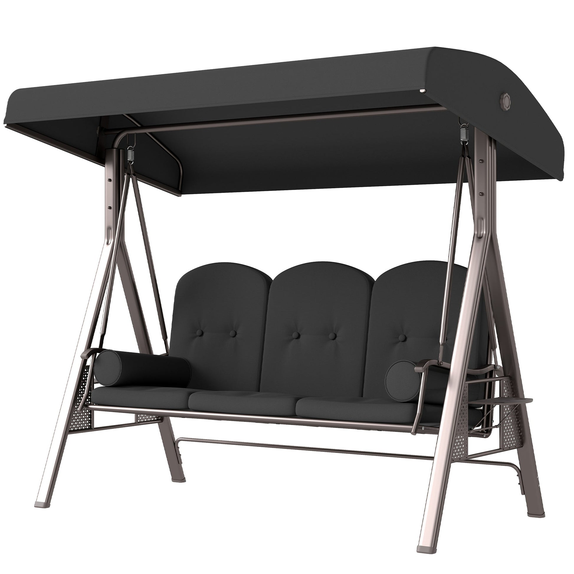 3 Seater Canopy Swing Chair, Outdoor Garden Swing Seat with Adjustable Canopy, Cushions and Cup Trays, Steel Frame, Dark Grey