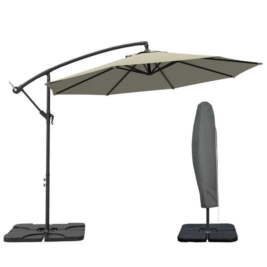 3(m) Garden Banana Parasol Cantilever Umbrella with Crank Handle, Cross Base, Weights and Cover for Outdoor, Hanging Sun Shade, Light Grey