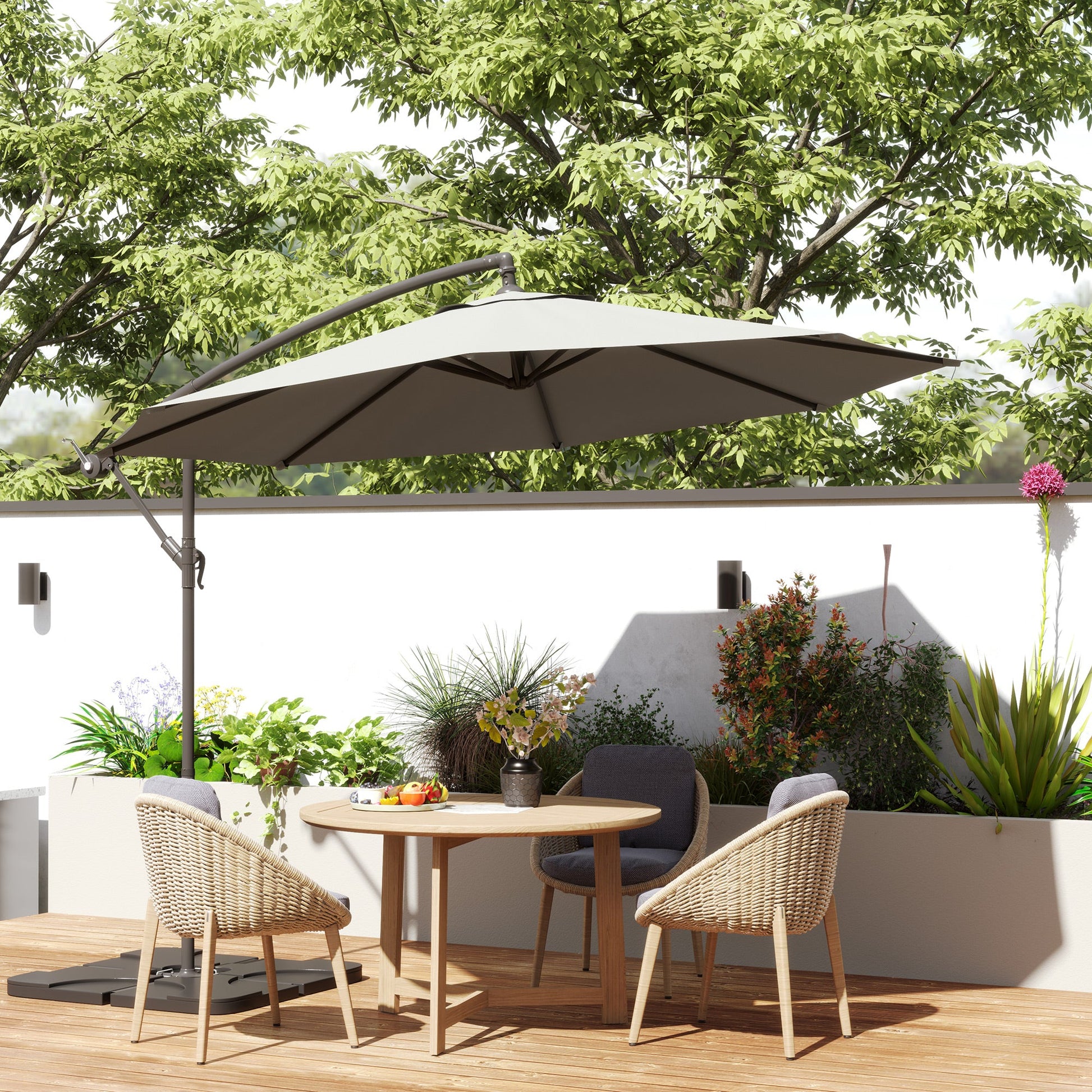 3(m) Garden Banana Parasol Cantilever Umbrella with Crank Handle, Cross Base, Weights and Cover for Outdoor, Hanging Sun Shade, Light Grey
