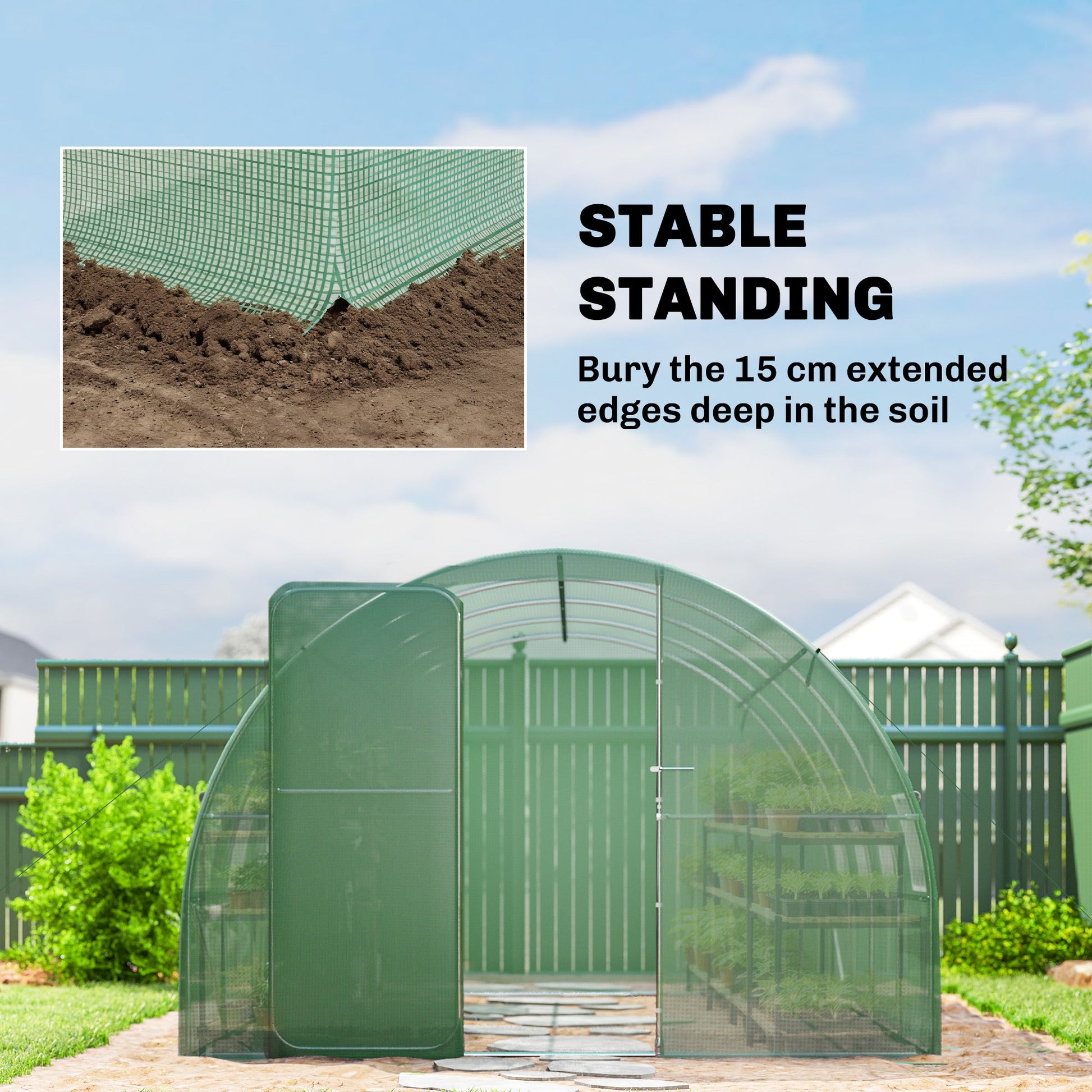 10' x 13' Walk-in Polytunnel Greenhouse with Hinged Door and 8 Roll Up Mesh Windows, Garden Tunnel Warm House Tent with UV-resistant PE Cover, Galvanised Steel Frame, Green