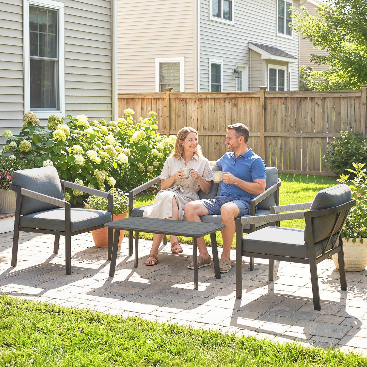 Aluminium Garden Furniture Set, 4 Seater Outdoor Patio Furniture with Loveseat, 2 Armchairs, Slatted Table, Outdoor Furniture Conversation Set with Thick Cushions, Black